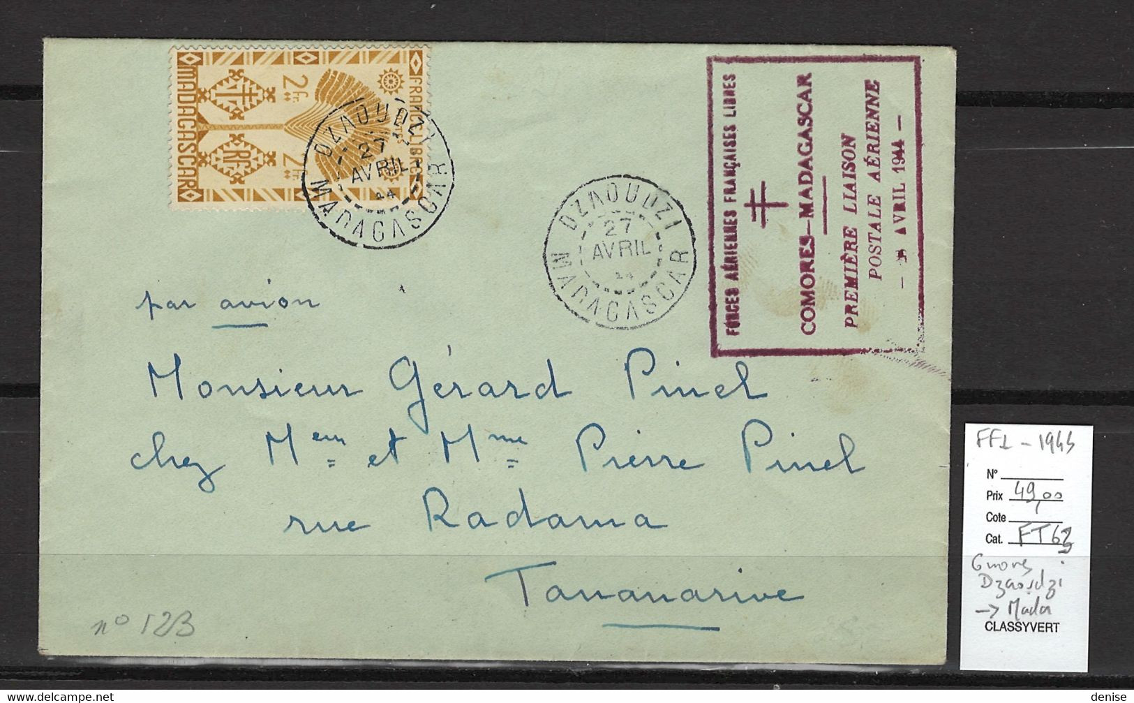 Madagascar - Comores - Dzaoudzi - 1944 - FFL -Recommandée - Airmail