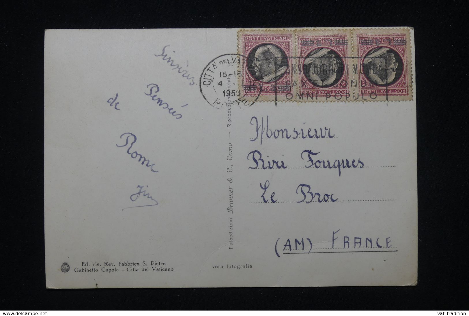 VATICAN - Affranchissement Surchargés Sur Carte Postale En 1950 Pour La France - L 100238 - Covers & Documents