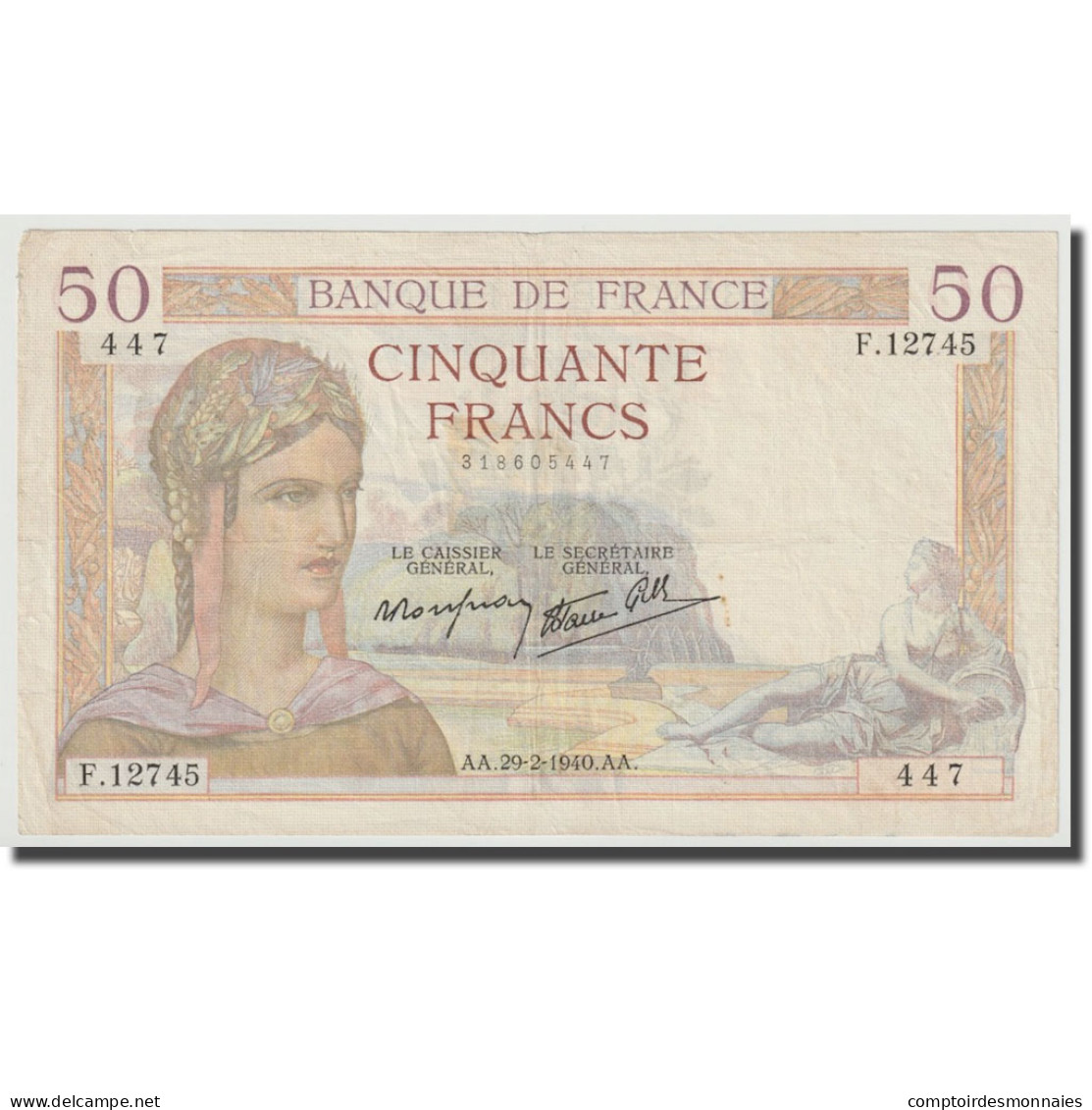 France, 50 Francs, Cérès, 1940, 1940-02-29, TTB, Fayette:17.4, KM:81 - 50 F 1934-1940 ''Cérès''