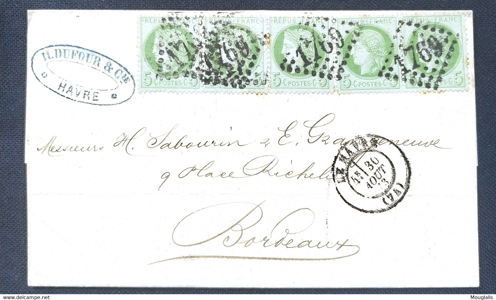 Enveloppe Avec 5 Timbres Cérès N° 53 , Bande De Timbres Oblitérés Le Havre 30/08/1873. B TB - 1871-1875 Cérès