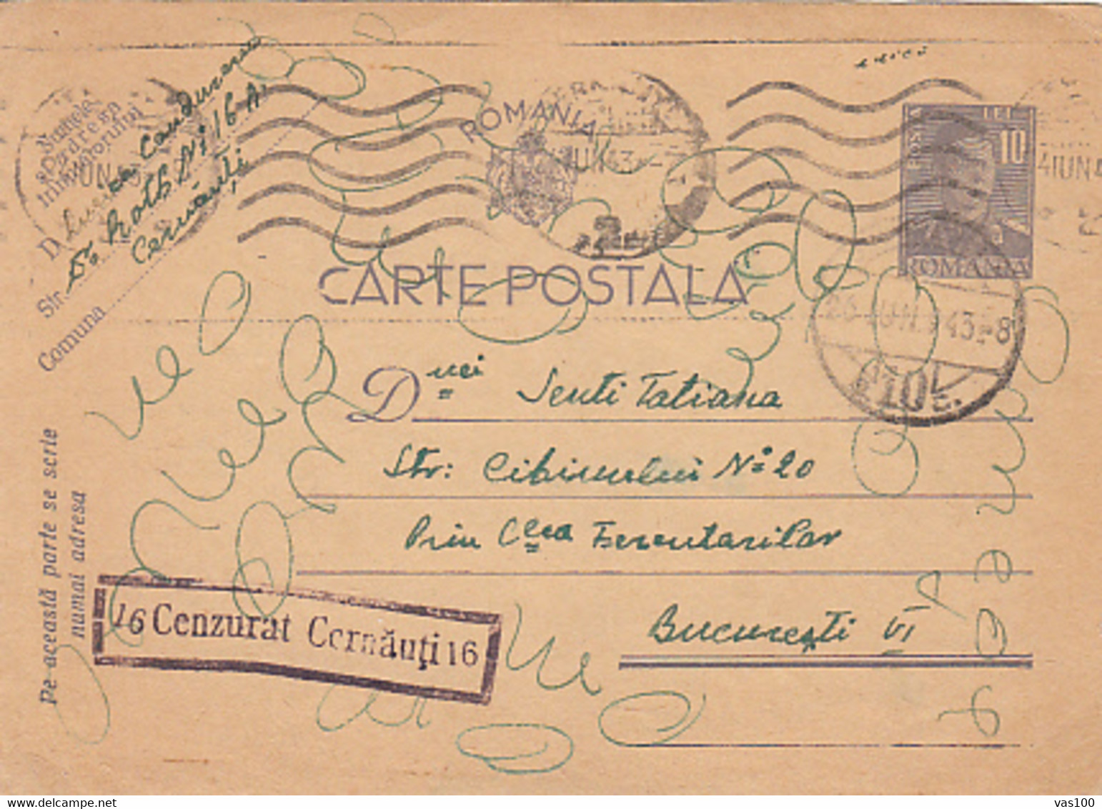 WW2, CENSORED CERNAUTI NR 16 KING MICHAEL PC STATIONERY, ENTIER POSTAL, 1943, ROMANIA - 2de Wereldoorlog (Brieven)