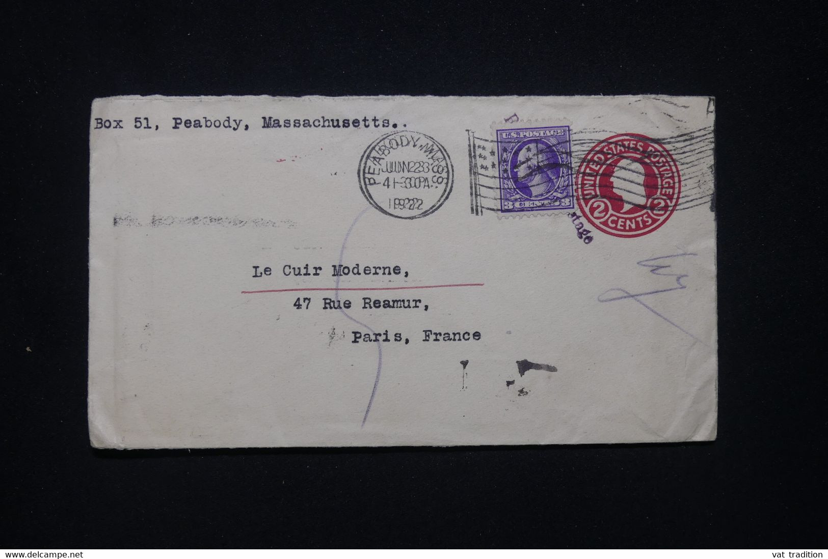 ETATS UNIS - Entier Postal + Complément De Peabody En 1922 Pour La France - L 100269 - 1921-40