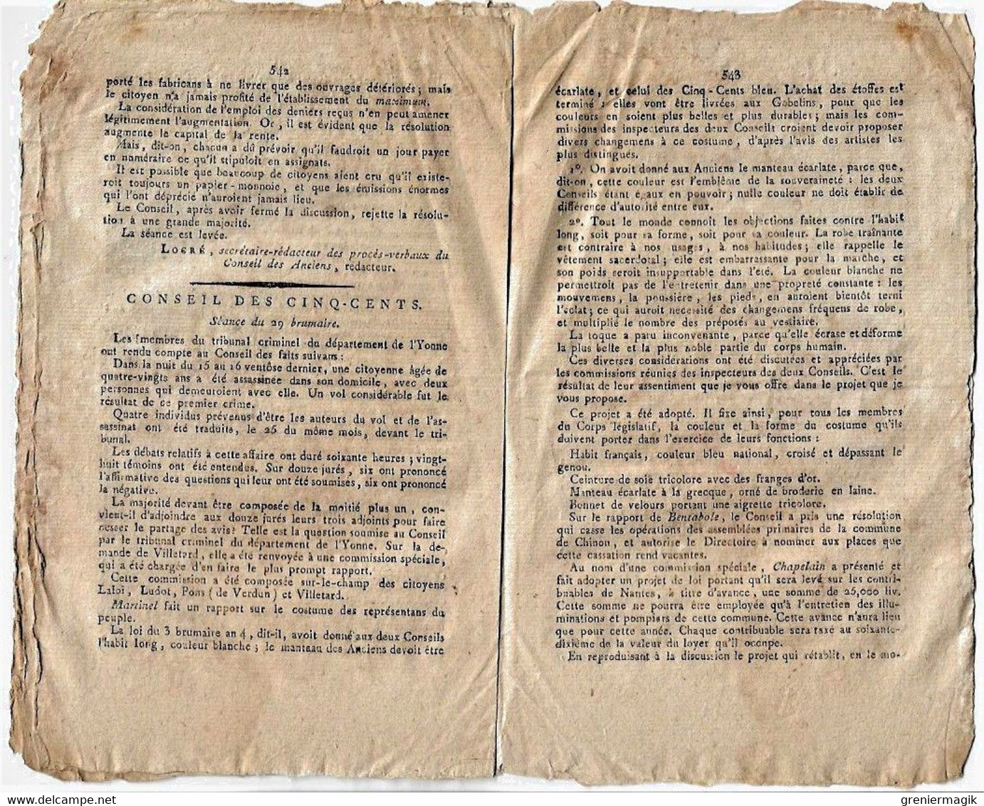 Journal des débats et lois frimaire an VI 1797 Tarn Castre Albi/Négociation France Angleterre/Landrecies/Papier-monnaie