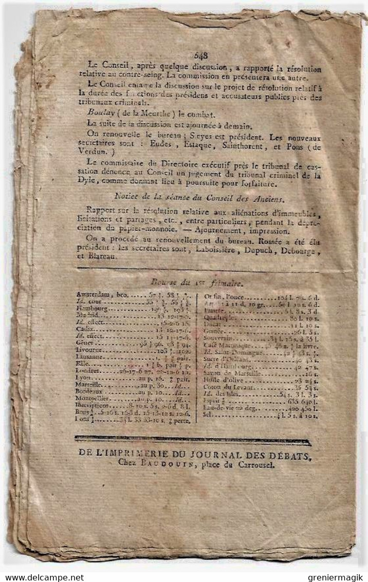 Journal des débats et lois frimaire an VI 1797 Tarn Castre Albi/Négociation France Angleterre/Landrecies/Papier-monnaie