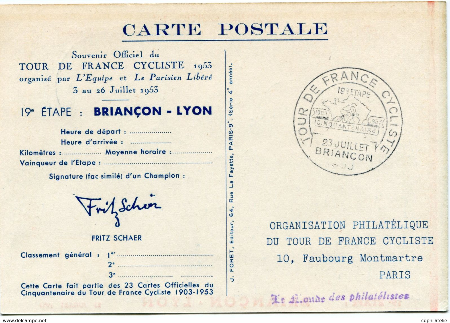 SOUVENIR OFFICIEL DU CIQUANTENAIRE DU TOUR DE FRANCE CYCLISTE (1903-1953) 19e ETAPE BRIANCON-LYON AVEC OBL ILL BRIANCON - Radsport