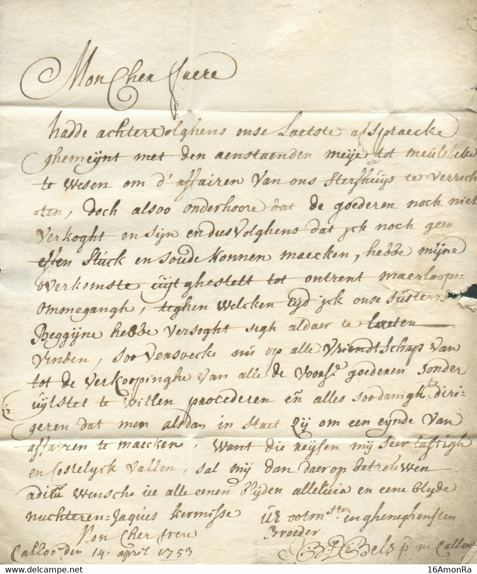 LAC De CALLOO le 14 Avril 1753 + Griffe Rouge ANVERS  Vers Meulebeke (man.) 'par Courtrai'  TB   - 18292 - 1714-1794 (Paises Bajos Austriacos)