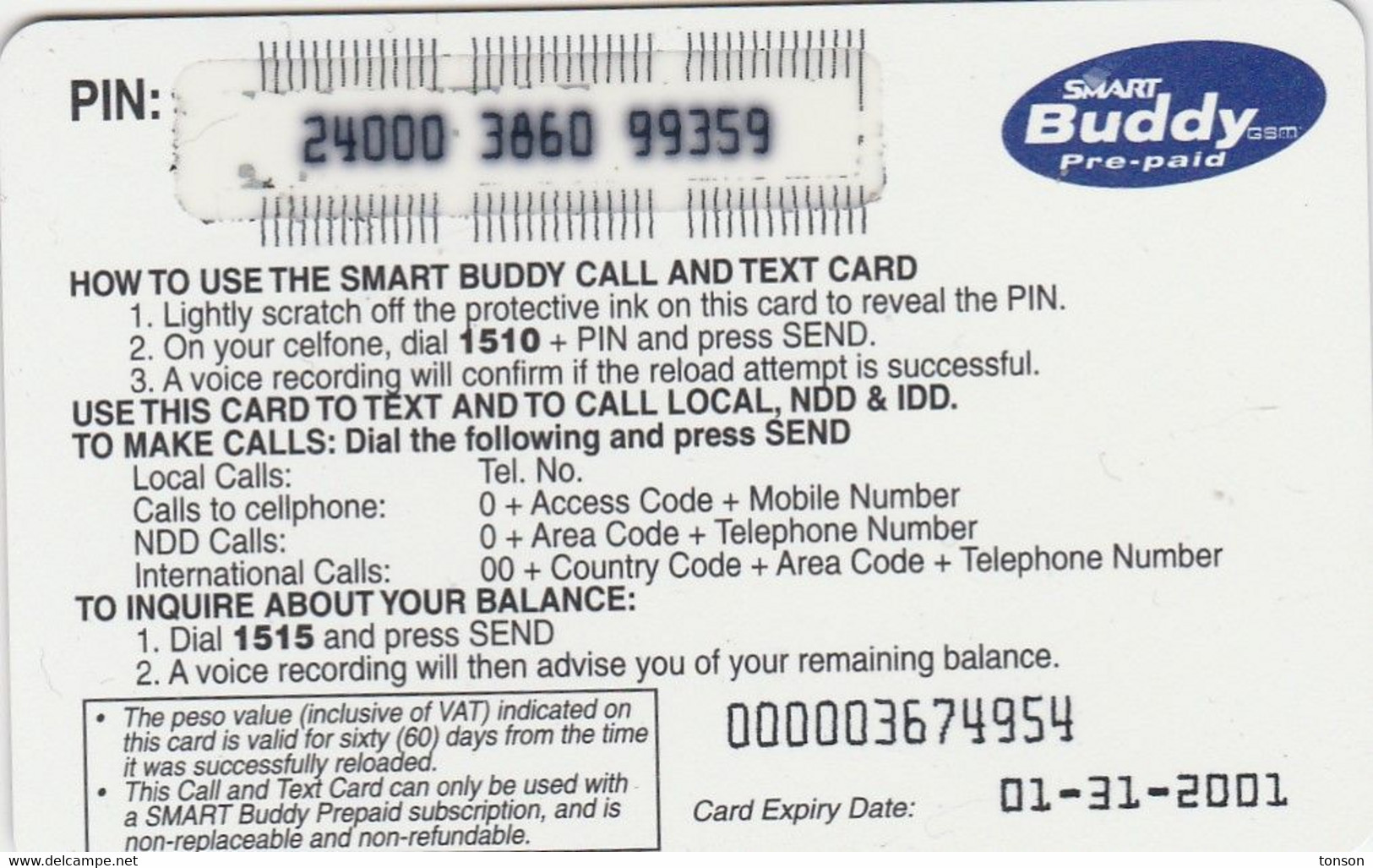 Philippines, PHI-smart-25.01, Smart Buddy, Expiry : December 01-31-2001, 2 Scans. - Filippine
