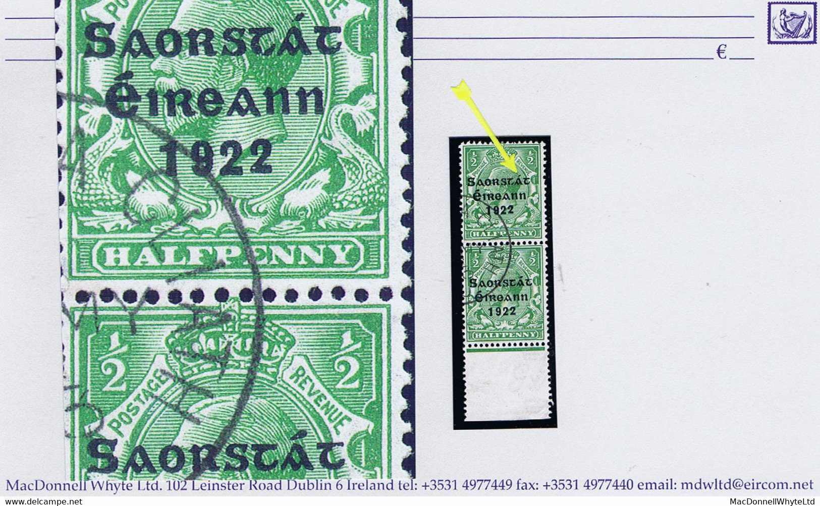 Ireland 1922-23 Thom Saorstat ½d Green Variety "Minute Accent On A" Row 19/4 In A Marginal Vertical Pair Used Cds - Used Stamps