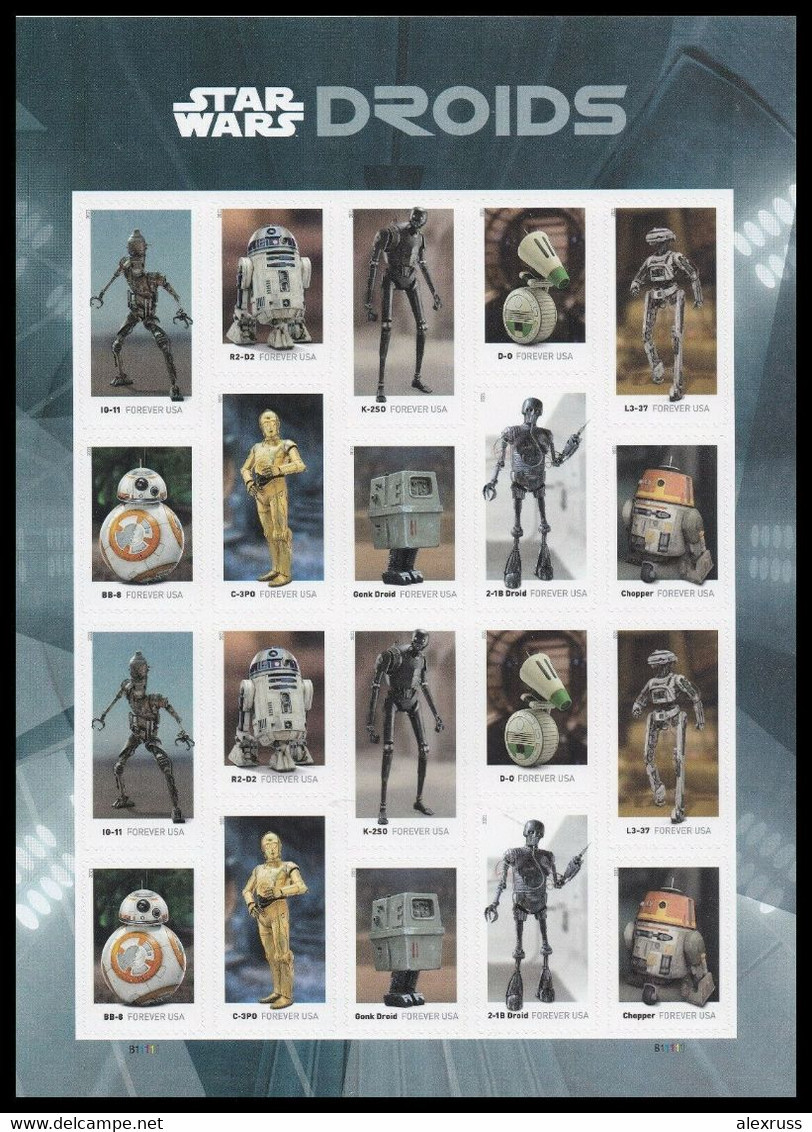 US 2021, Scott # 5573-5582, Star Wars Droids, Forever Sheet VF MNH** - Feuilles Complètes