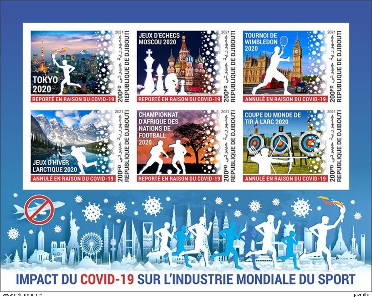 Djibouti 2021, Covid, Olympic Games Tockyo, Chess, Tennis, Hockey, Football, Archery, 6val In BF IMPERFORATED - Estate 2020 : Tokio