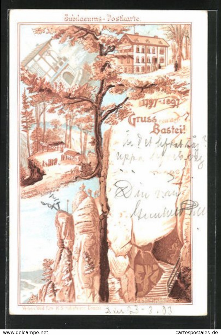 Lithographie Bastei, Wald-Villa, Basteifelsen, Aufgang Durch D. Schwedenlöcher - Bastei (sächs. Schweiz)