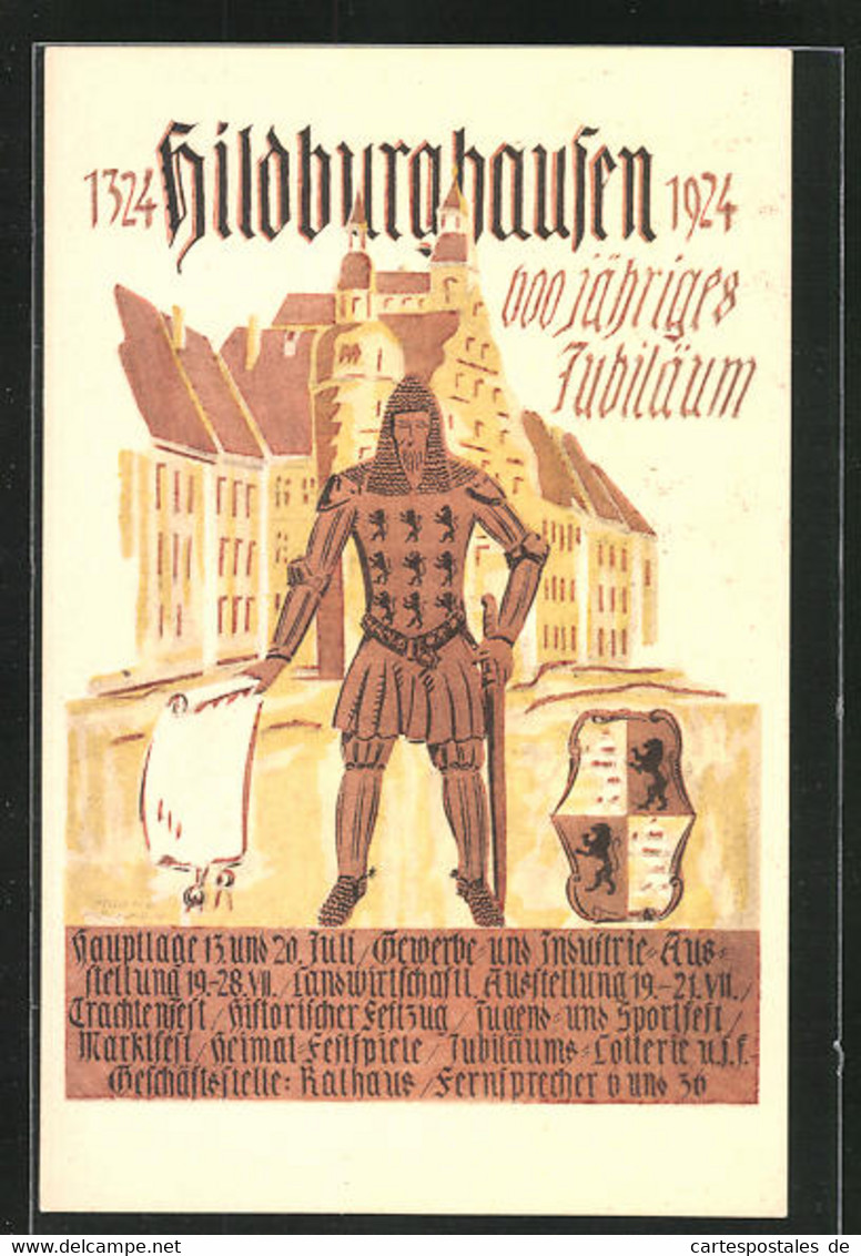 Künstler-AK Hildburghausen, Festpostkarte Zum 600 Jähr. Jubiläum 1324-1924, Ritter Mit Wappen In Der Stadt - Hildburghausen