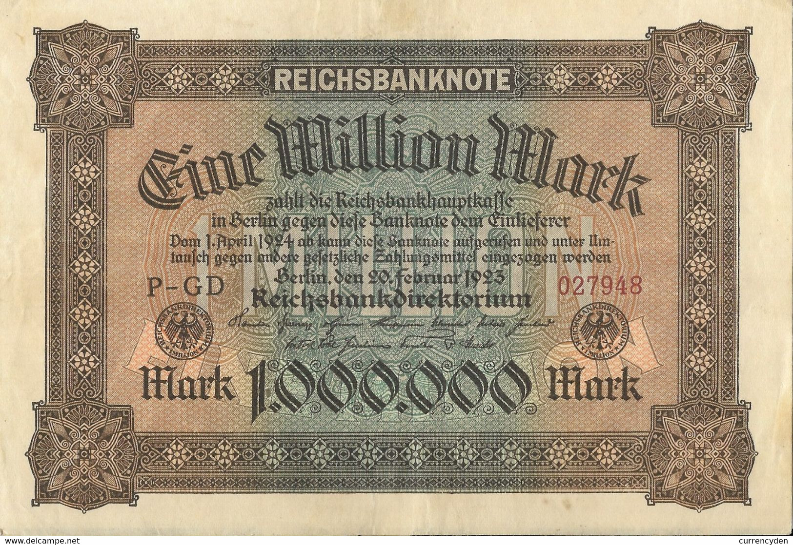 Germany P86, 1,000,000 Mark, Reichsbank Seal / Guilloches 1920 VG-F - 1 Mio. Mark