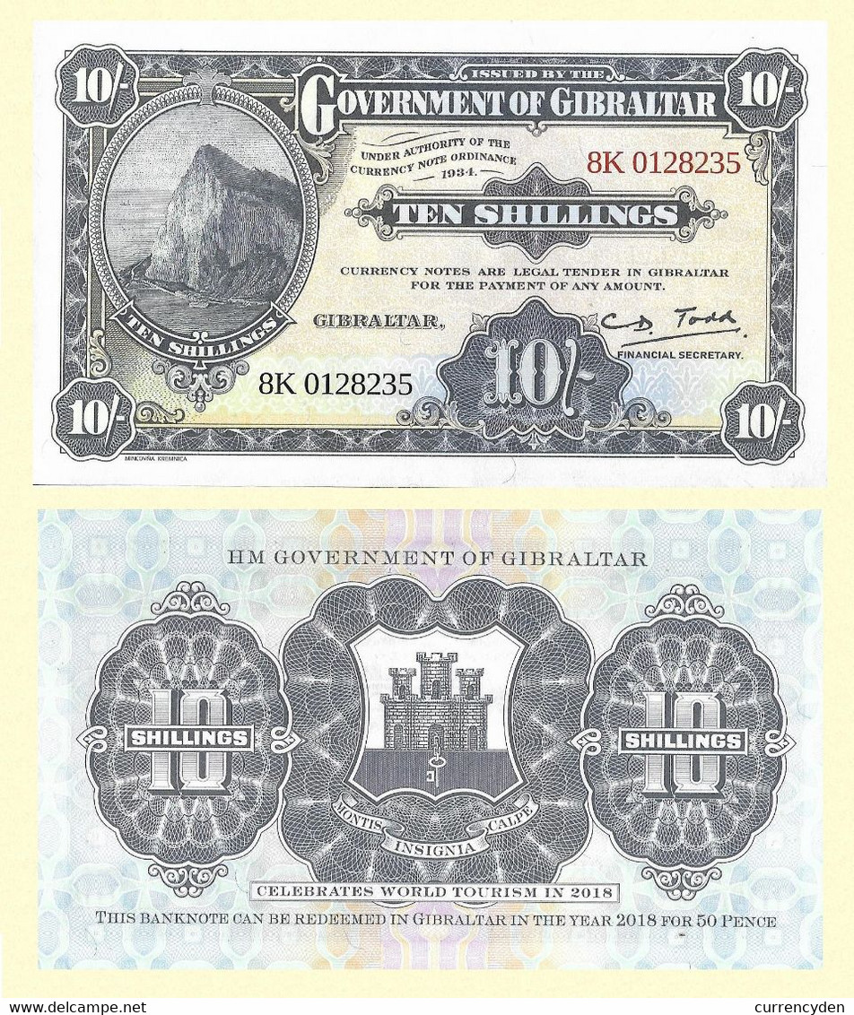 Gibraltar, Official Reprint Of 1934 10 Shillings, Rock Of Gibralar UNC - Gibraltar