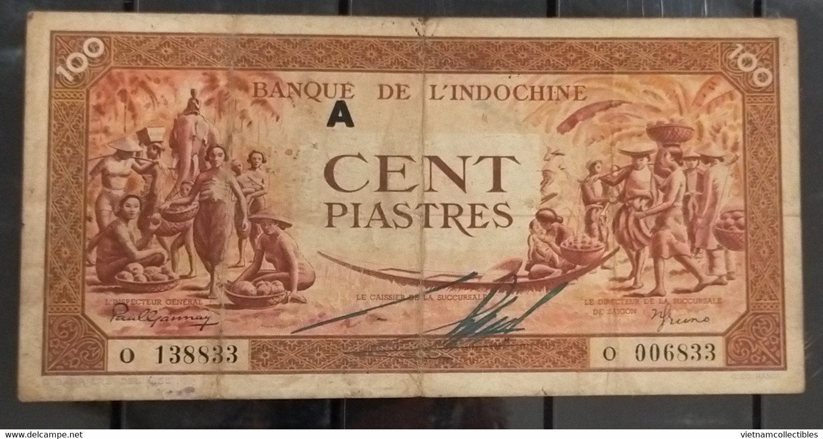 French Indochine Indochina Vietnam Viet Nam Laos Cambodia VF 100 Piastres Banknote Note 1942-45 / Pick # 66 - Letter A - Indochina