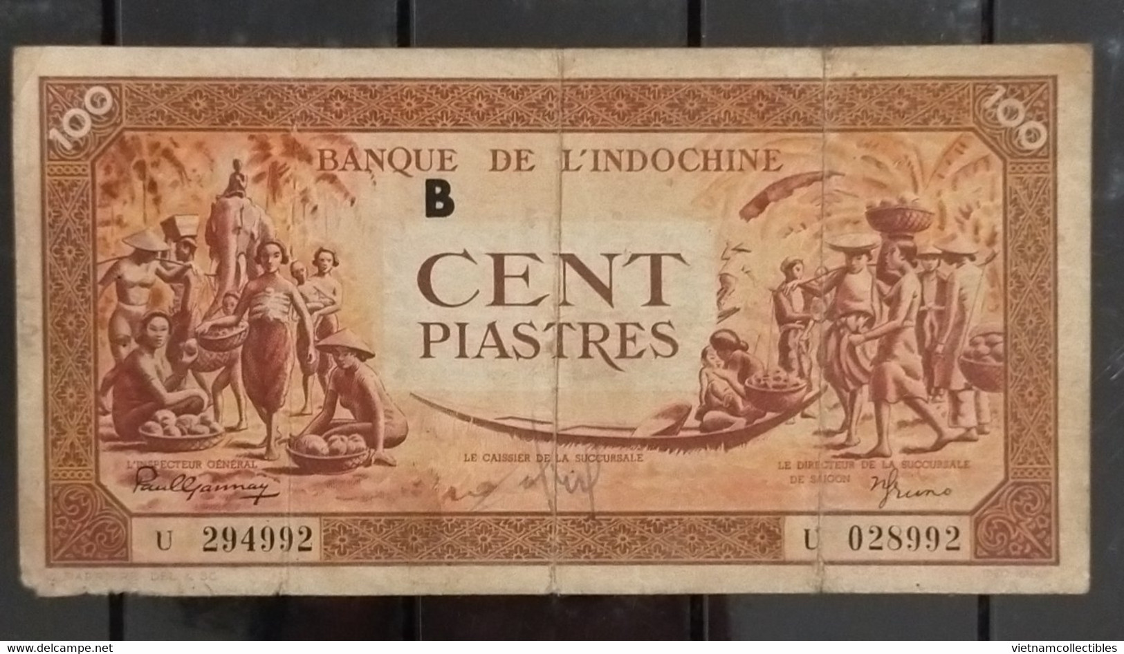 French Indochine Indochina Vietnam Viet Nam Laos Cambodia VF 100 Piastres Banknote Note 1942-45 / Pick # 66 - Letter B - Indochine