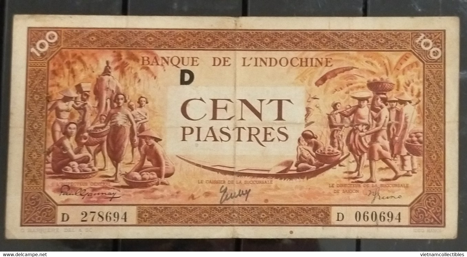 French Indochine Indochina Vietnam Viet Nam Laos Cambodia VF 100 Piastres Banknote Note 1942-45 / Pick # 66 - Letter D - Indochine