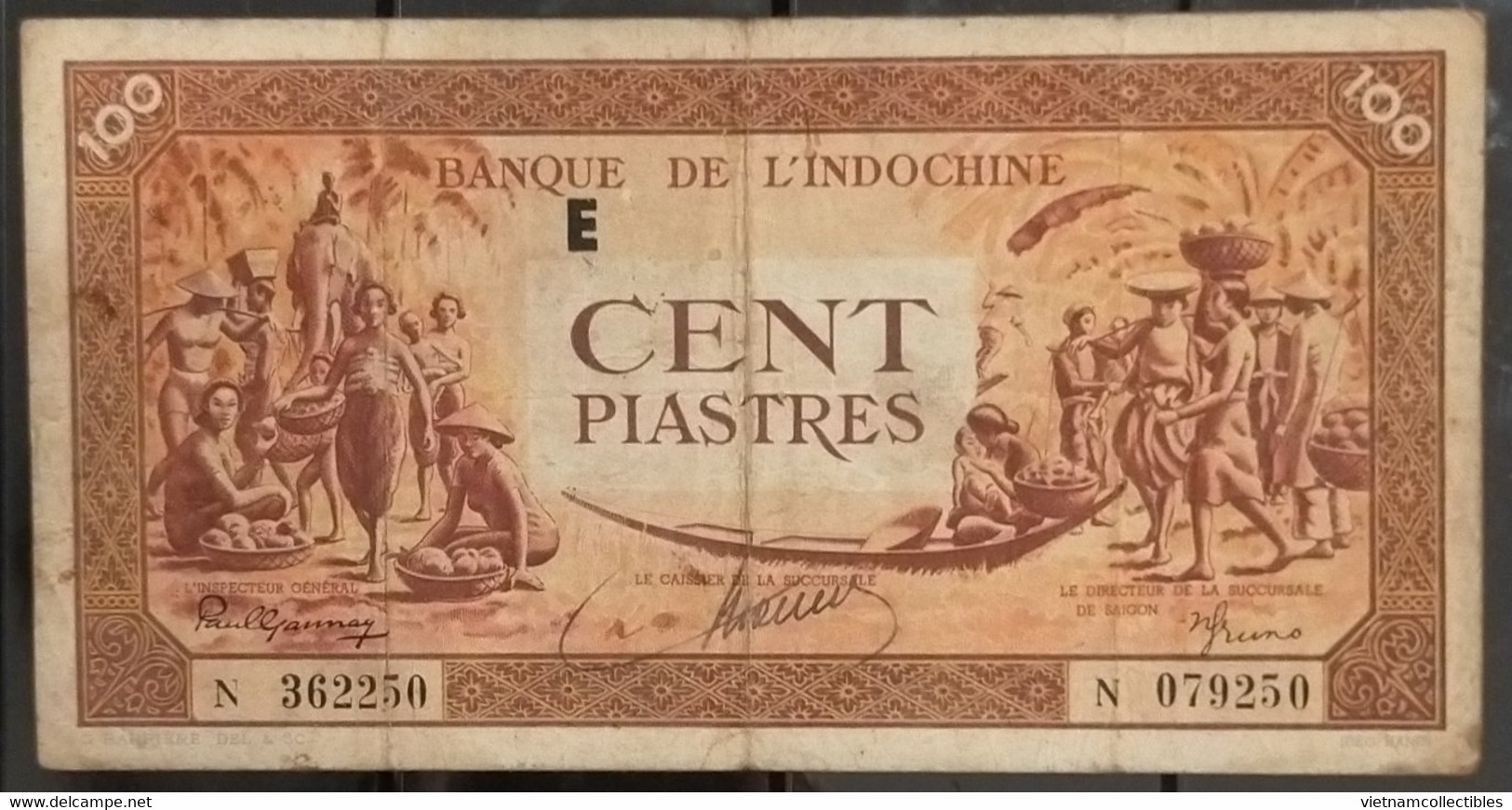 French Indochine Indochina Vietnam Viet Nam Laos Cambodia VF 100 Piastres Banknote Note 1942-45 / Pick # 66 - Letter E - Indochine