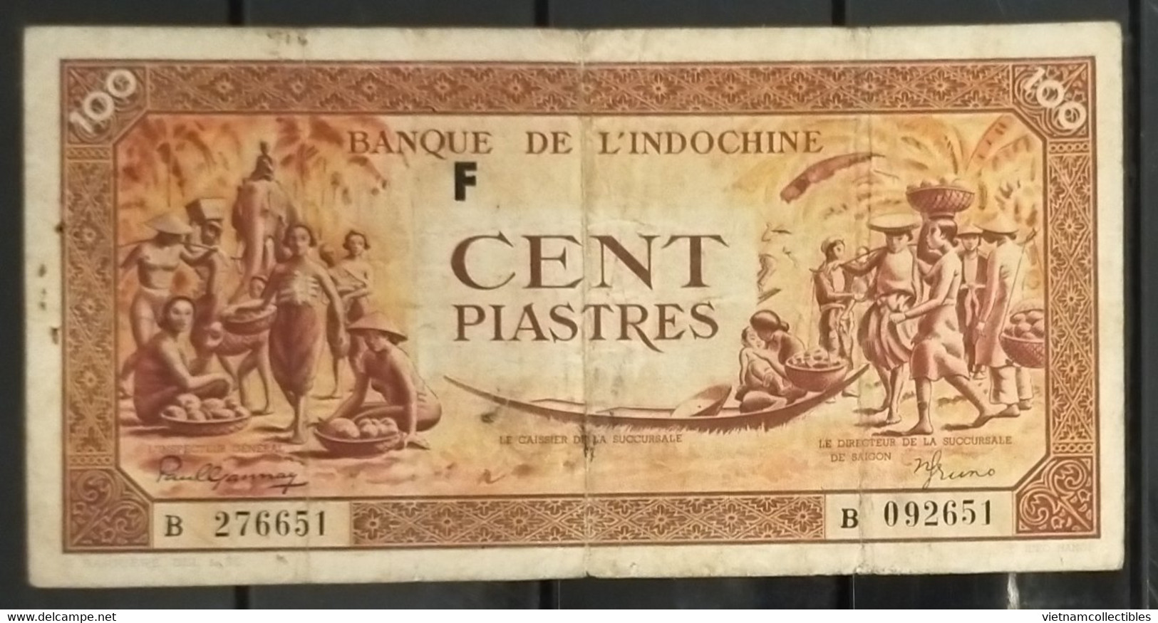 French Indochine Indochina Vietnam Viet Nam Laos Cambodia VF 100 Piastres Banknote Note 1942-45 / Pick # 66 - Letter F - Indochine