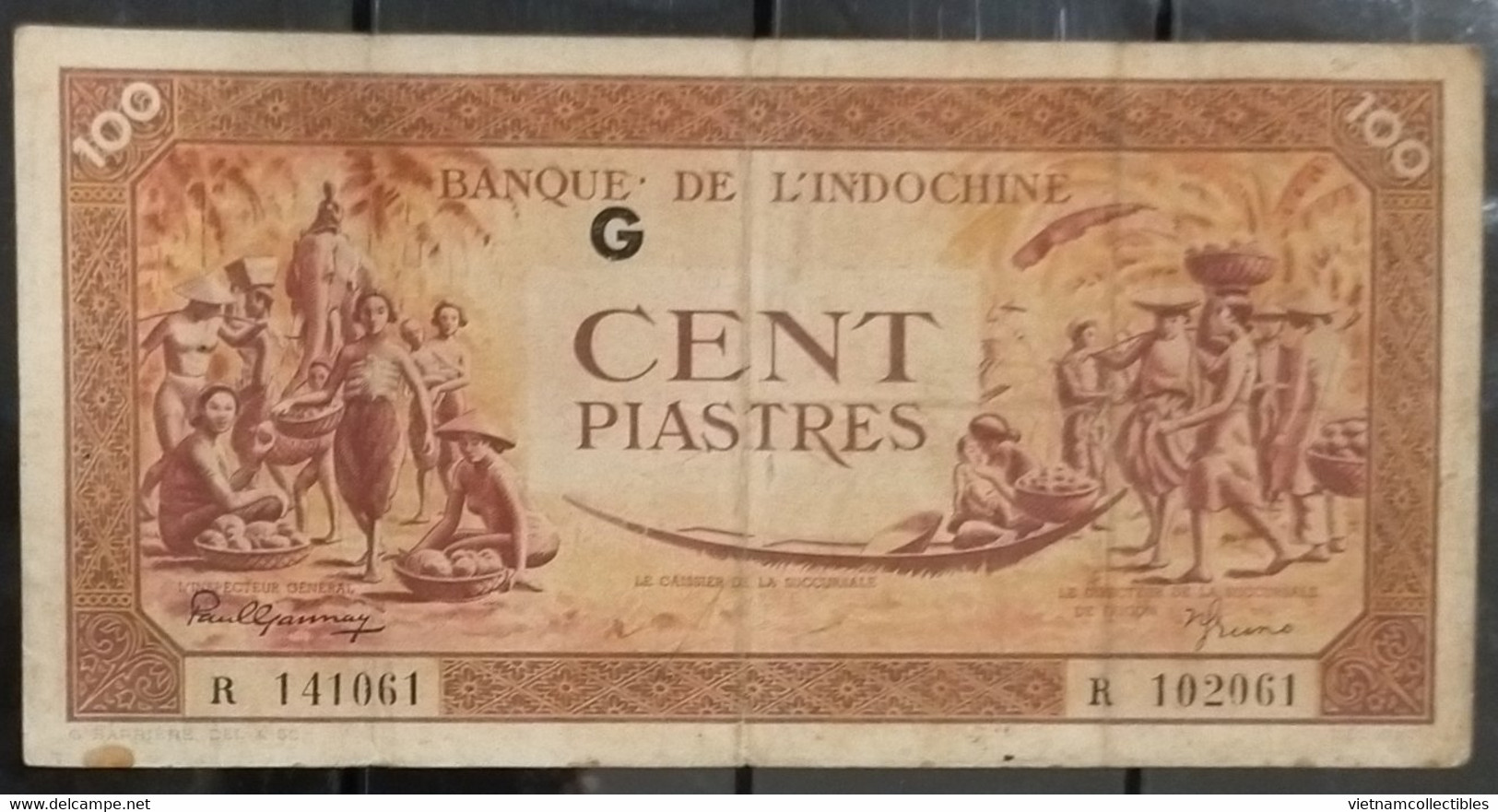 French Indochine Indochina Vietnam Viet Nam Laos Cambodia VF 100 Piastres Banknote Note 1942-45 / Pick # 66 - Letter G - Indochine