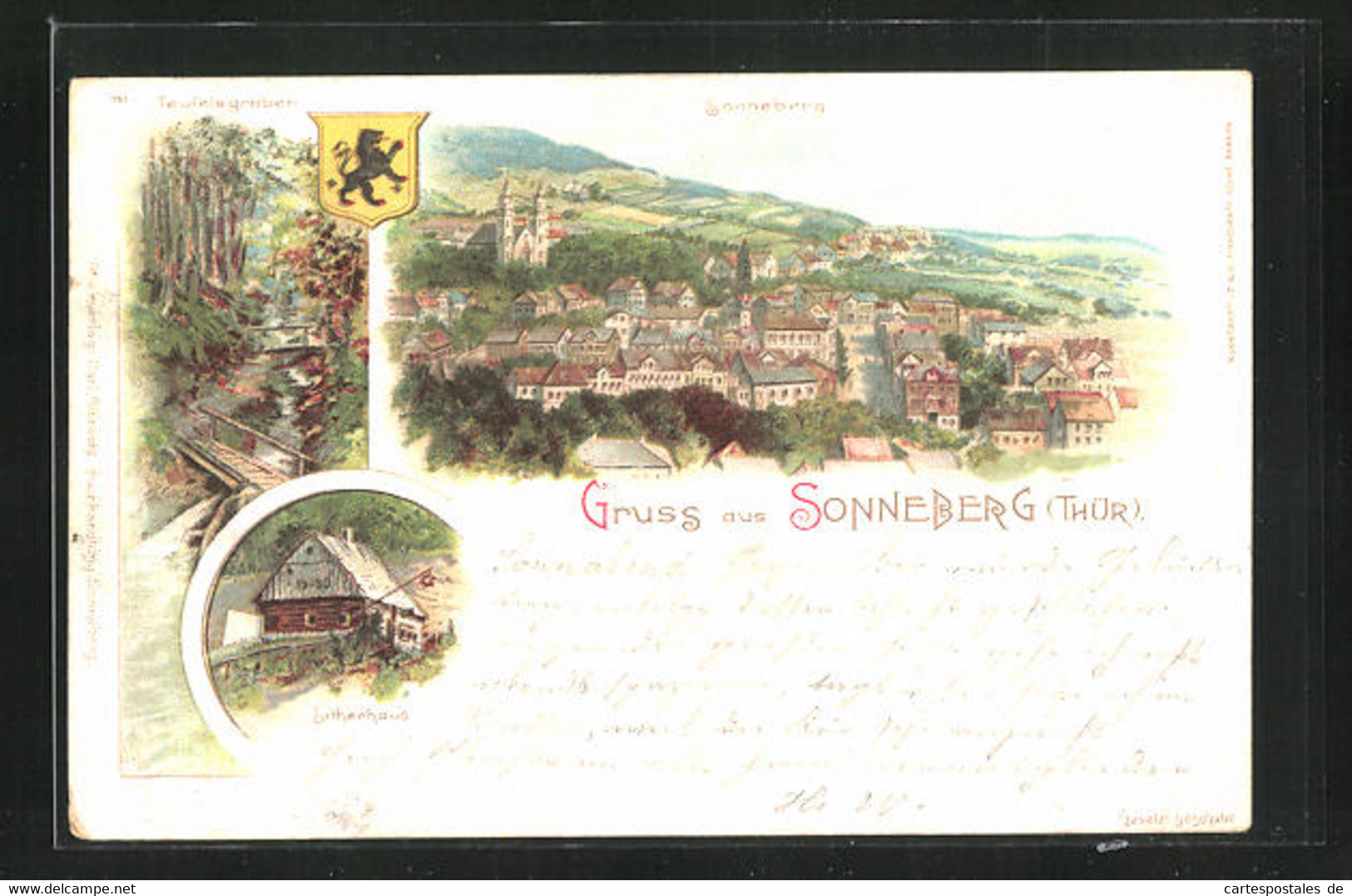 Lithographie Sonneberg / Thür., Ortsansicht Und Lutherhaus - Sonneberg