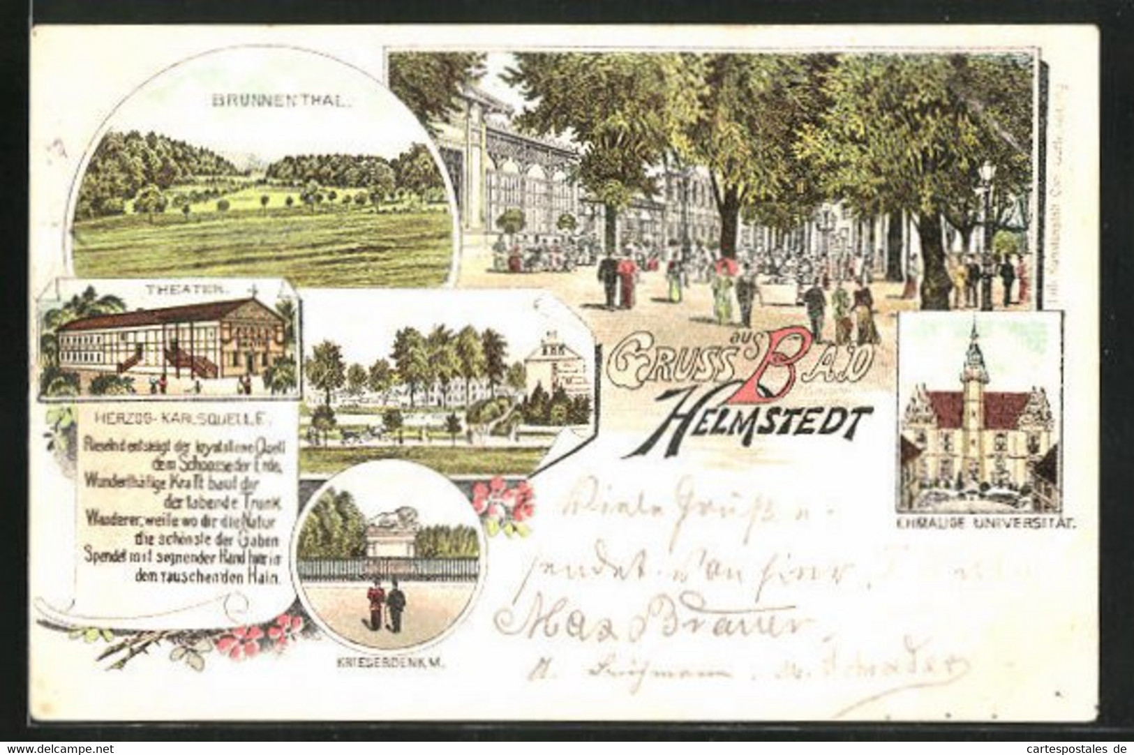 Lithographie Bad Helmstedt, Teilansichten Vom Ort, Brunnenthal Und Kriegerdenkmal - Helmstedt