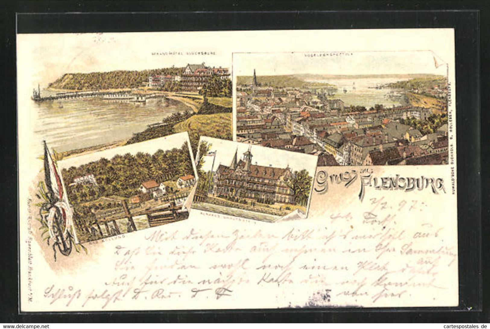 Lithographie Flensburg, Bad Kollund, Strandhotel Glücksburg, Kurhaus Gravenstein - Gluecksburg