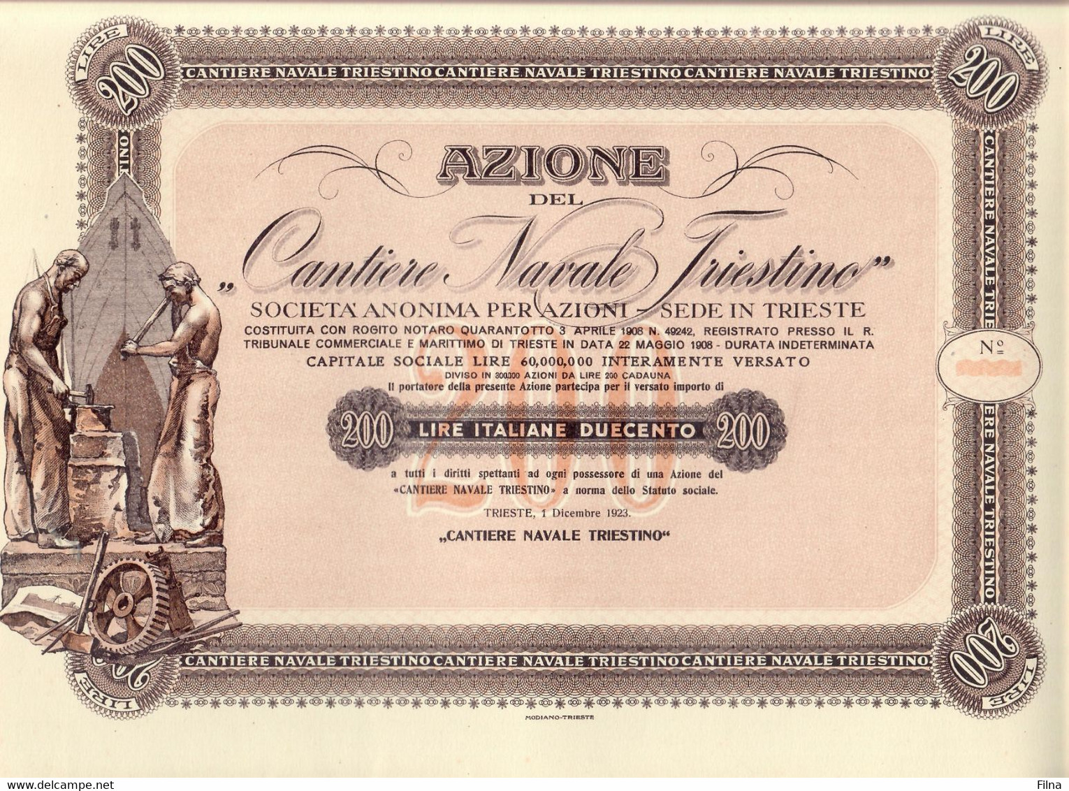 AZIONE CANTIERE NAVALE TRIESTINO 1919/1923 TRIESTE LIRE 200 - A - C