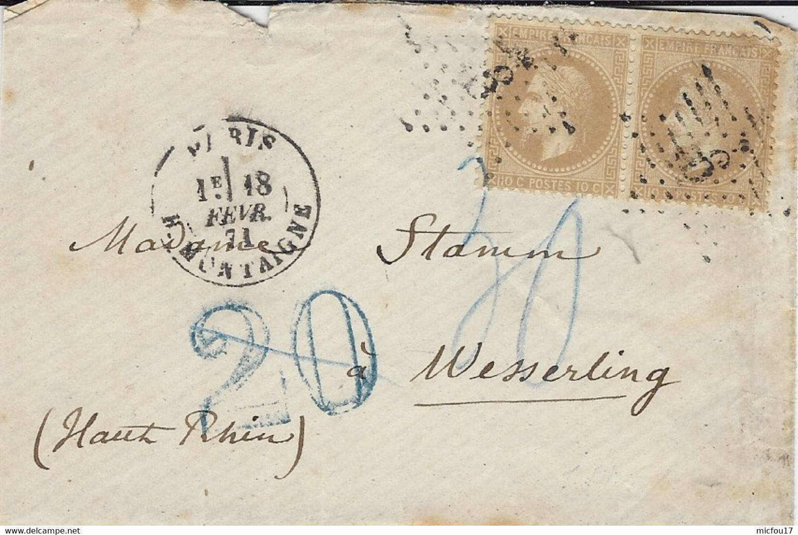 18 Févr.1871 Lettre De PARIS R. MONTAIGNE Affr. Paire N°28  Oblit. étoile 6 . Taxe Allemande 20 Dt Bleue Pour Wesserling - 1849-1876: Periodo Clásico