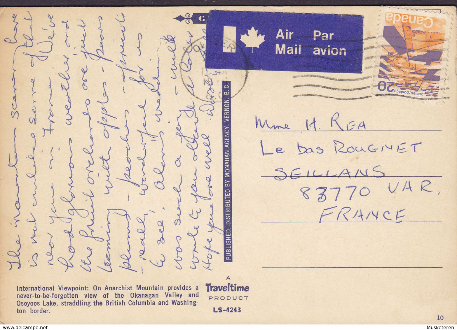 Canada PPC International Viewpoint On Anarchist Mountain AIR MAIL Par Avion Label OLIVER 1976? SEILLANS Var France - Oliver