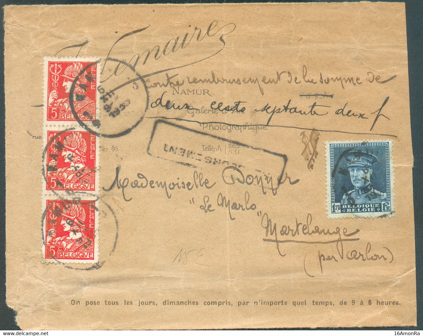 1Fr75 KEPI + Bande De 3 Du 5 Centimes CERES Obl. Sc NAMUR 1 Sur Colis Contre-remboursement (272 Francs) Du 6-XII-195 Ver - 1932 Ceres And Mercurius