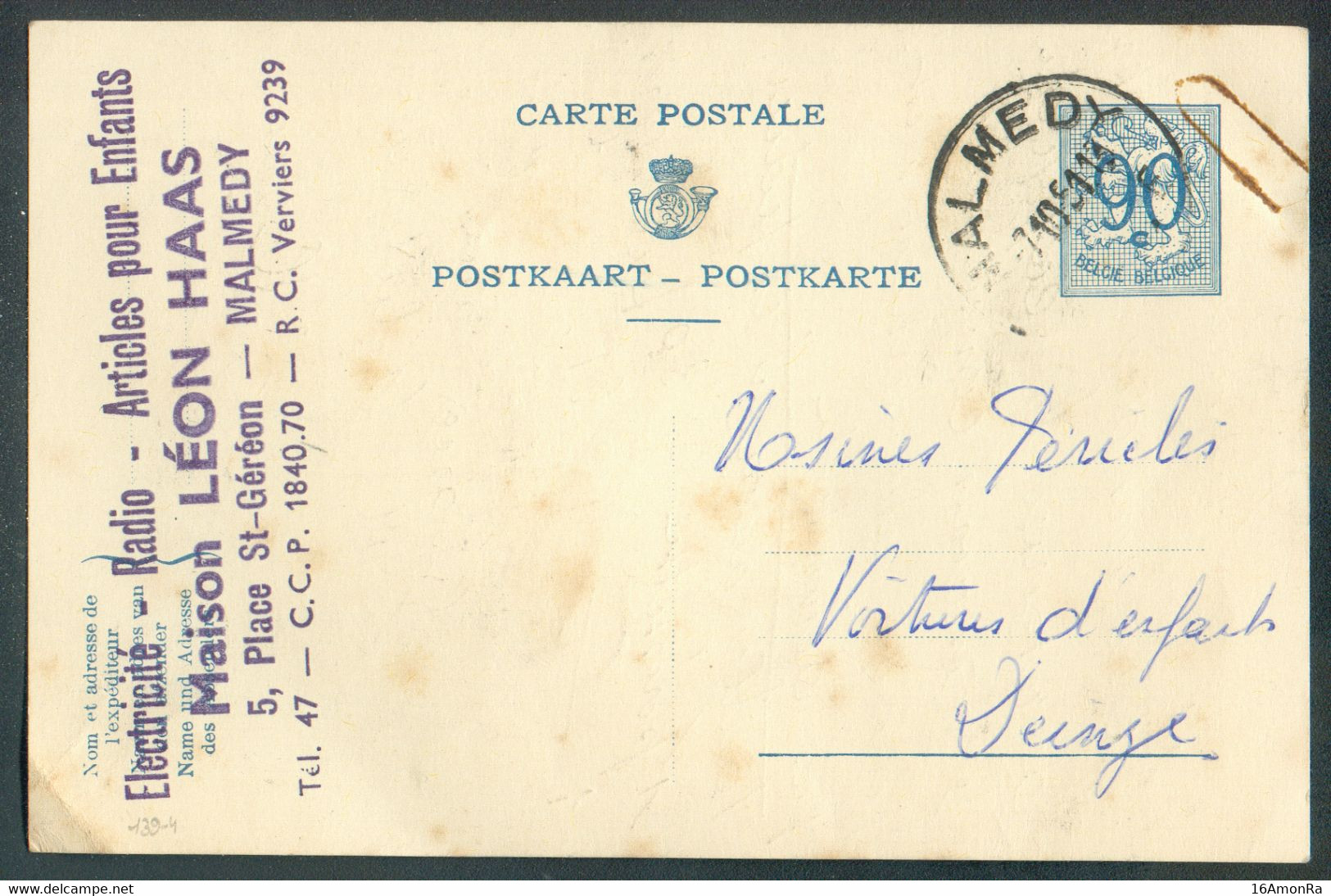 EP Carte 90c. Lion Obl. Sc MALMEDY 7-10-1951 Vers Deynze + Exp. LEON HAAS Electricité Radio Articles Pour Enfants  TB - Postcards 1934-1951