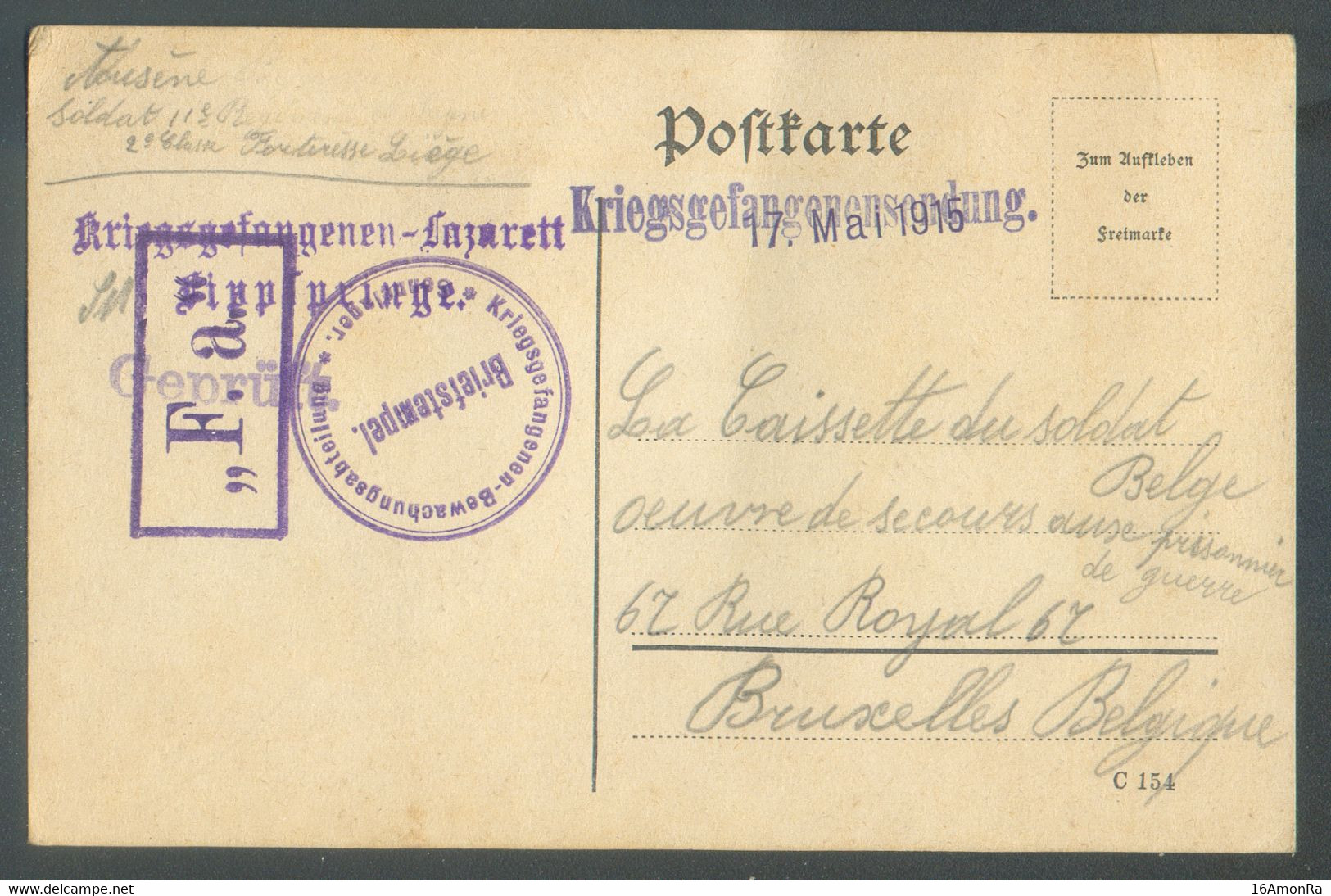 Carte KRIEGSGEFANGENENSENDUNG Du 17 Mai 1915 + Griffe Violette Kriegsgefangenene-Lazarett LIPPSPRINGE (Hôpital) + Sc Kri - Prisoners