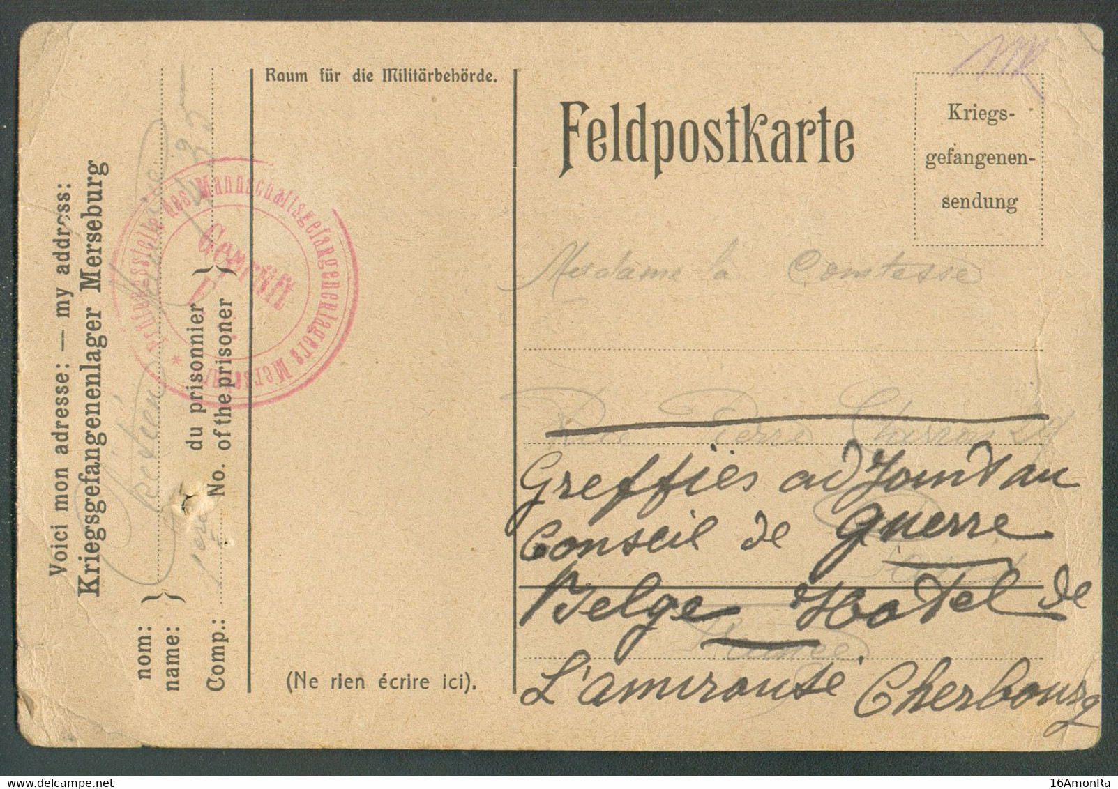 Transmission Des Colis FeldpostCarte Pour KRIEGSGEFANGENENLAGER MERSEBURG Du 14.9 1915 + Dc Rouge Prüfungsstelle Des Man - Kriegsgefangenschaft