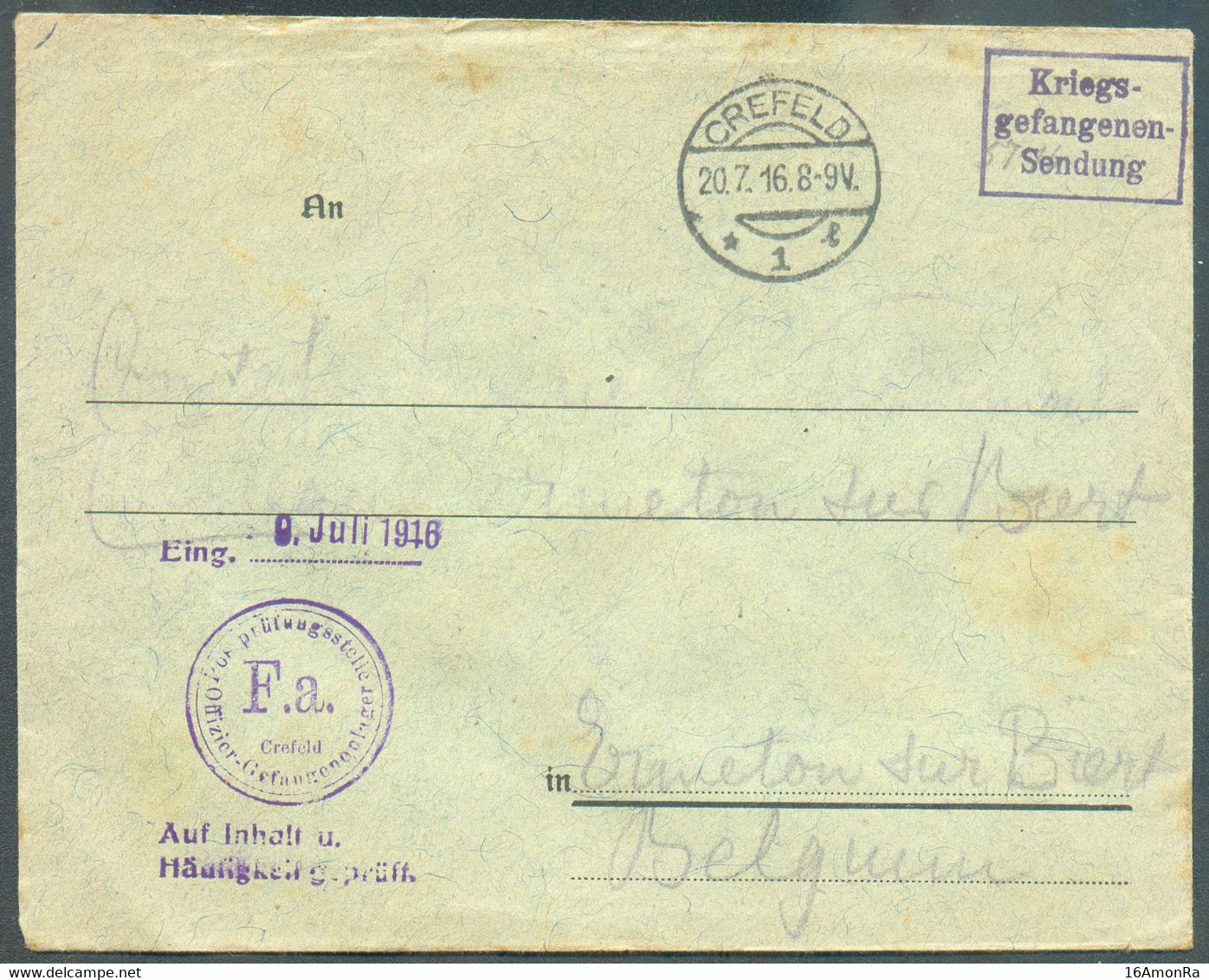 Enveloppe (griffe Violette) KRIEGSGEFANGENEN-SENDUNG de CREFELD Le 20-7-1916 + Dc Violet Offizier-gefangenelager Pos Prü - Prisioneros