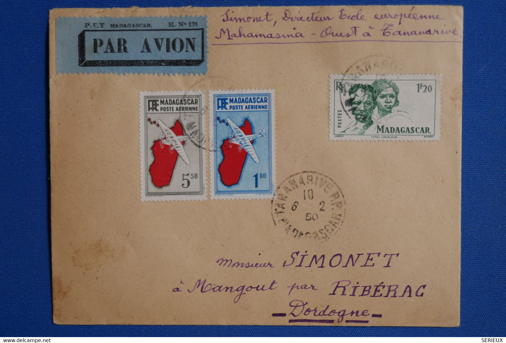U21 MADAGASCAR  BELLE LETTRE  1950 PAR AVION TANANARIVE  A  RIBERAC FRANCE   + AFFRANCH  INTERESSANT A VOIR - Airmail