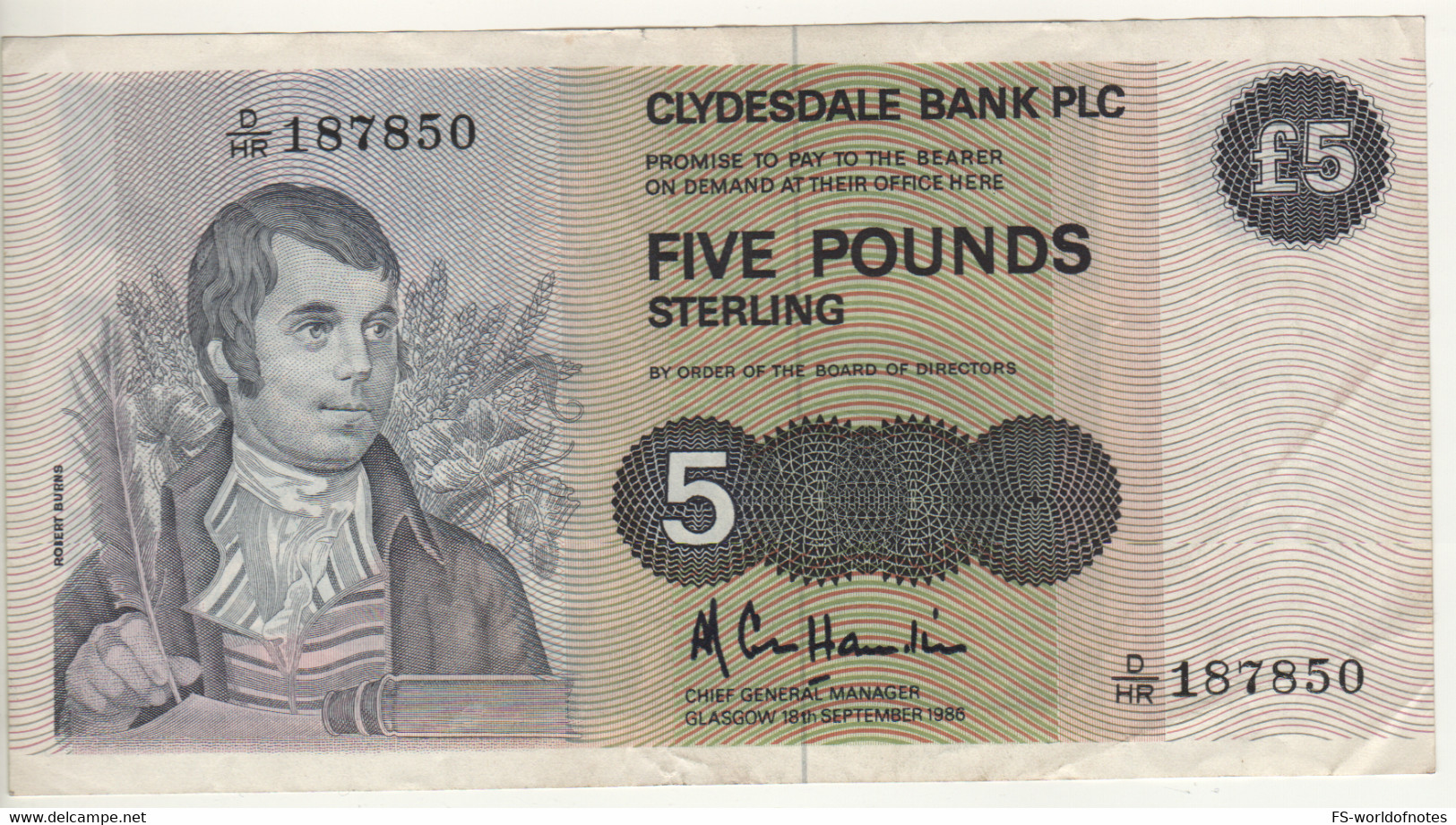 SCOTLAND  5 Pounds  P212c   Clydesdale Bank PLC  (Robert Burns + Mouse At Back) - 5 Pounds