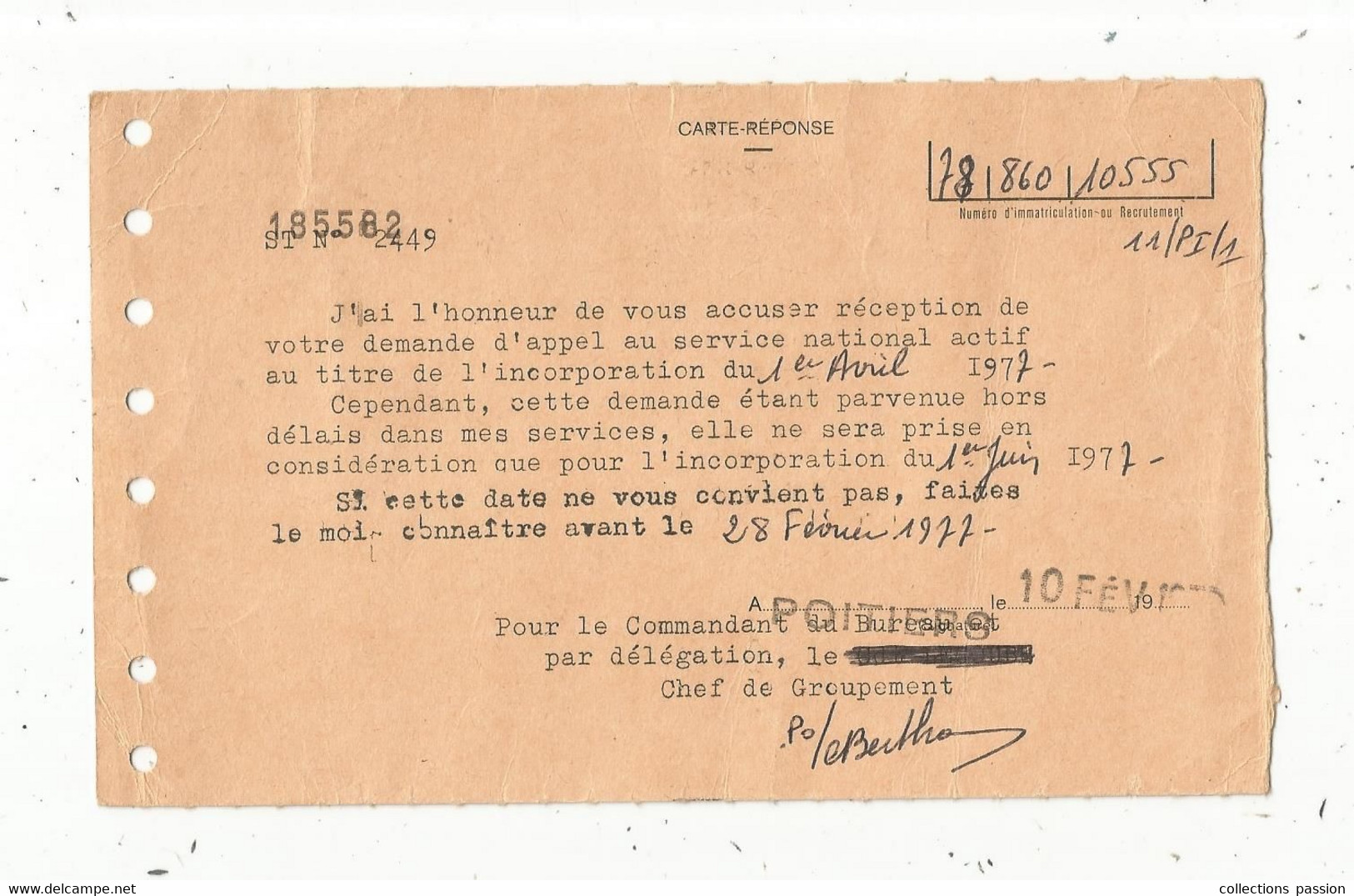 MILITARIA ,carte Circulant En Franchise , SERVICE MILITAIRE , 1977 , Bureau De Recrutement ,POITIERS , Frais Fr 1.55 E - Dokumente