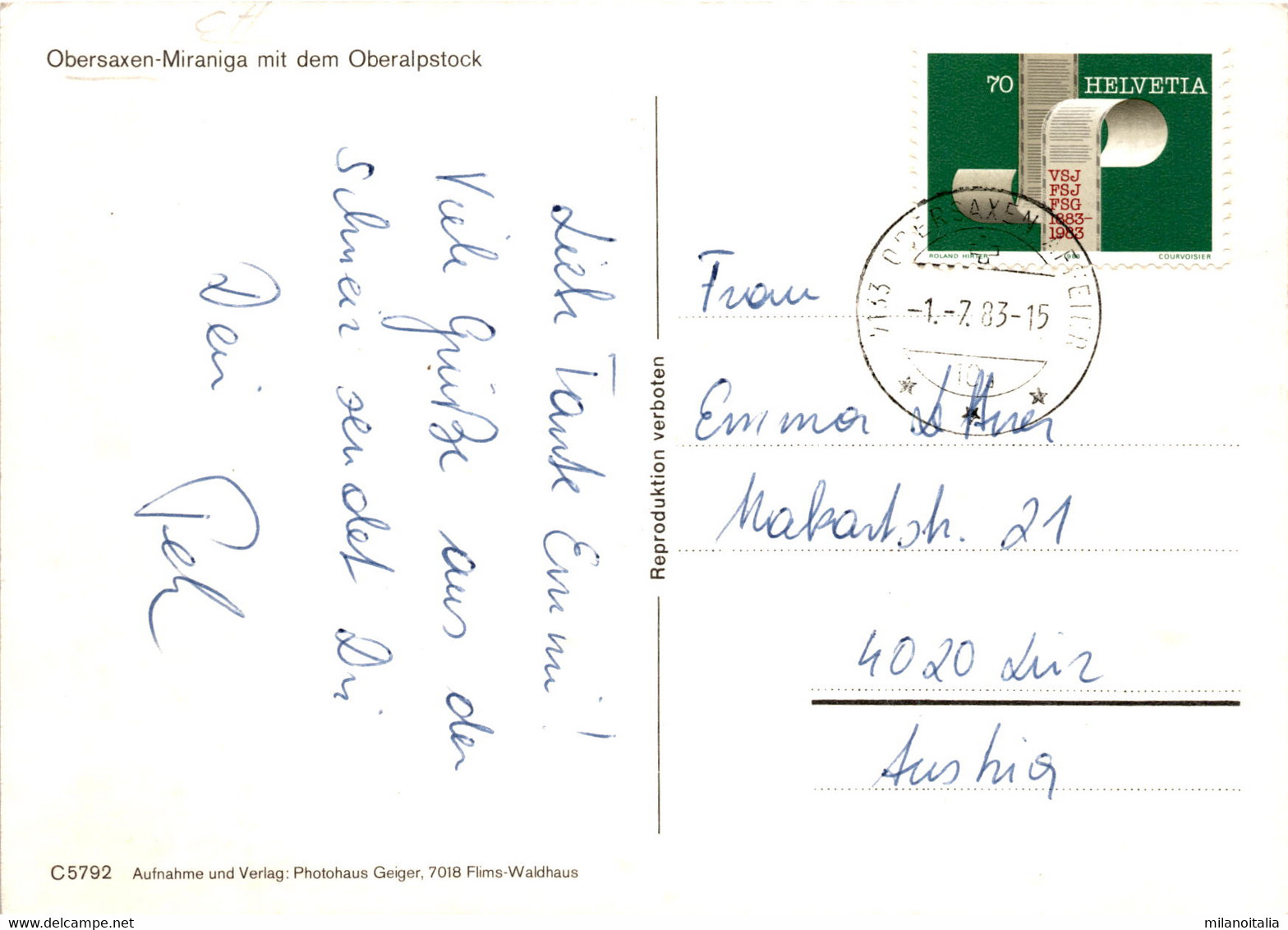 Obersaxen-Miraniga Mit Dem Oberalpstock (5792) * 8. 7. 1983 - Obersaxen