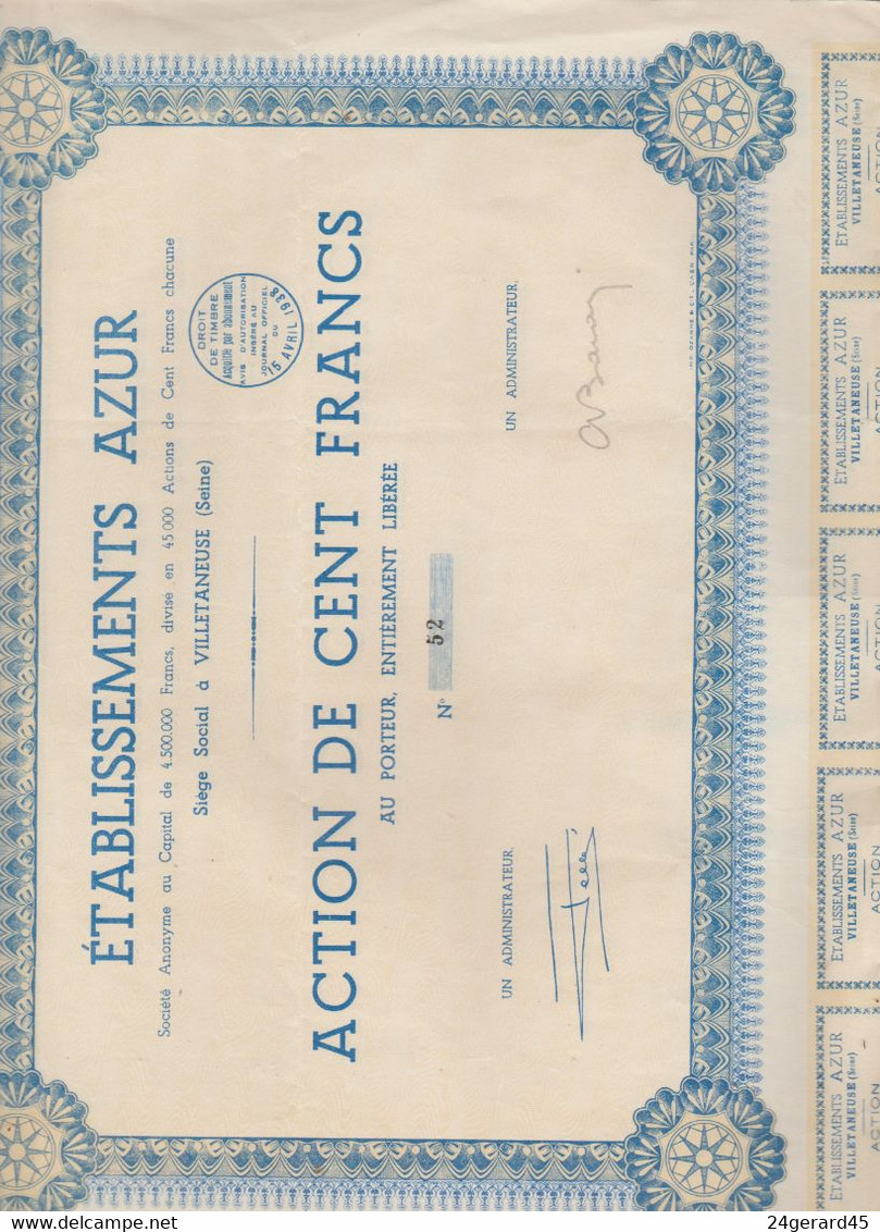 ACTION TITRE AZUR DE CENT FRANCS N° 52 SIEGE VILLETANEUSE (Seine Saint Denis - A - C