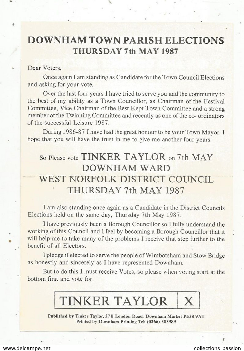 Publicité Politique , West Norfolk District Concil ,1987 ,Angleterre , TINKER TAYLOR , 2 Scans , Frais Fr 1.75 E - Advertising