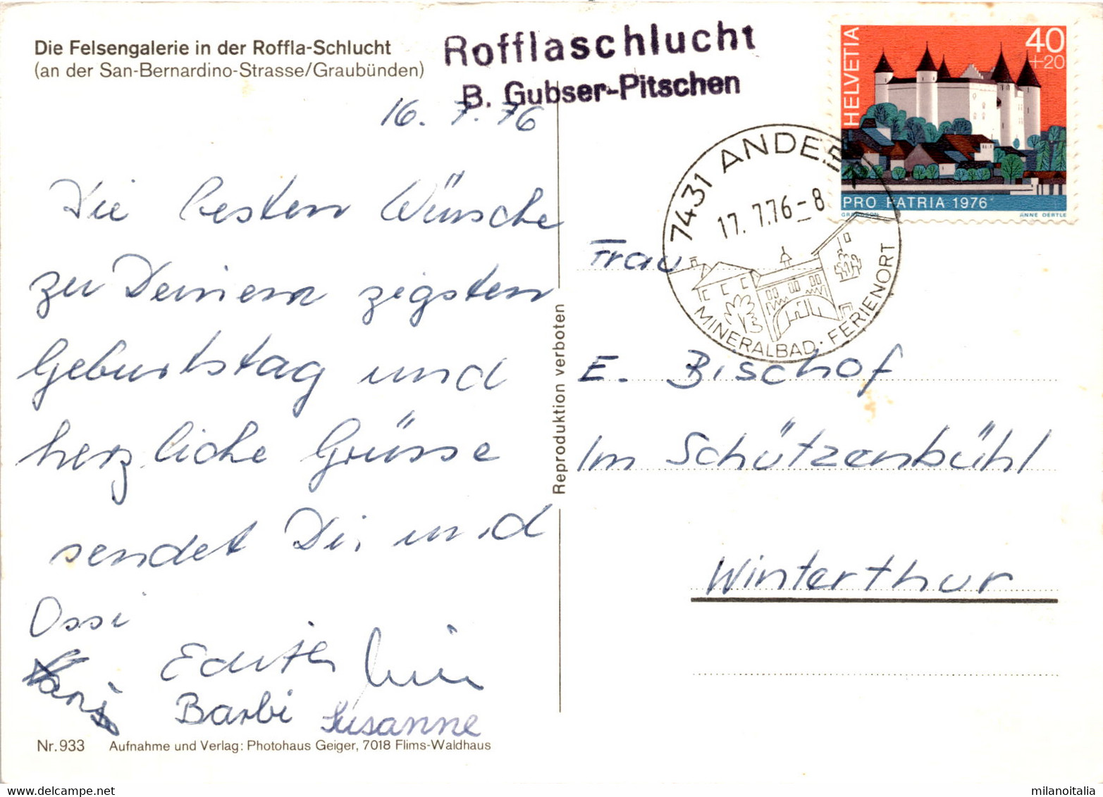 Die Rofflaschlucht Bei Andeer, Felsengalerie (933) * 17. 7. 1976 - Andeer