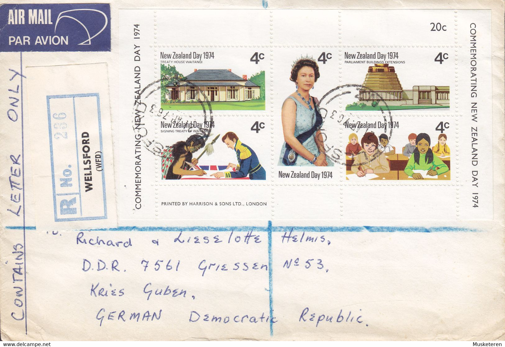 New Zealand AIR MAIL & Registered Labels WELLSFORD 1976 Cover Brief DDR Germany Block 2 Miniature Sheet & 10x Roses - Covers & Documents