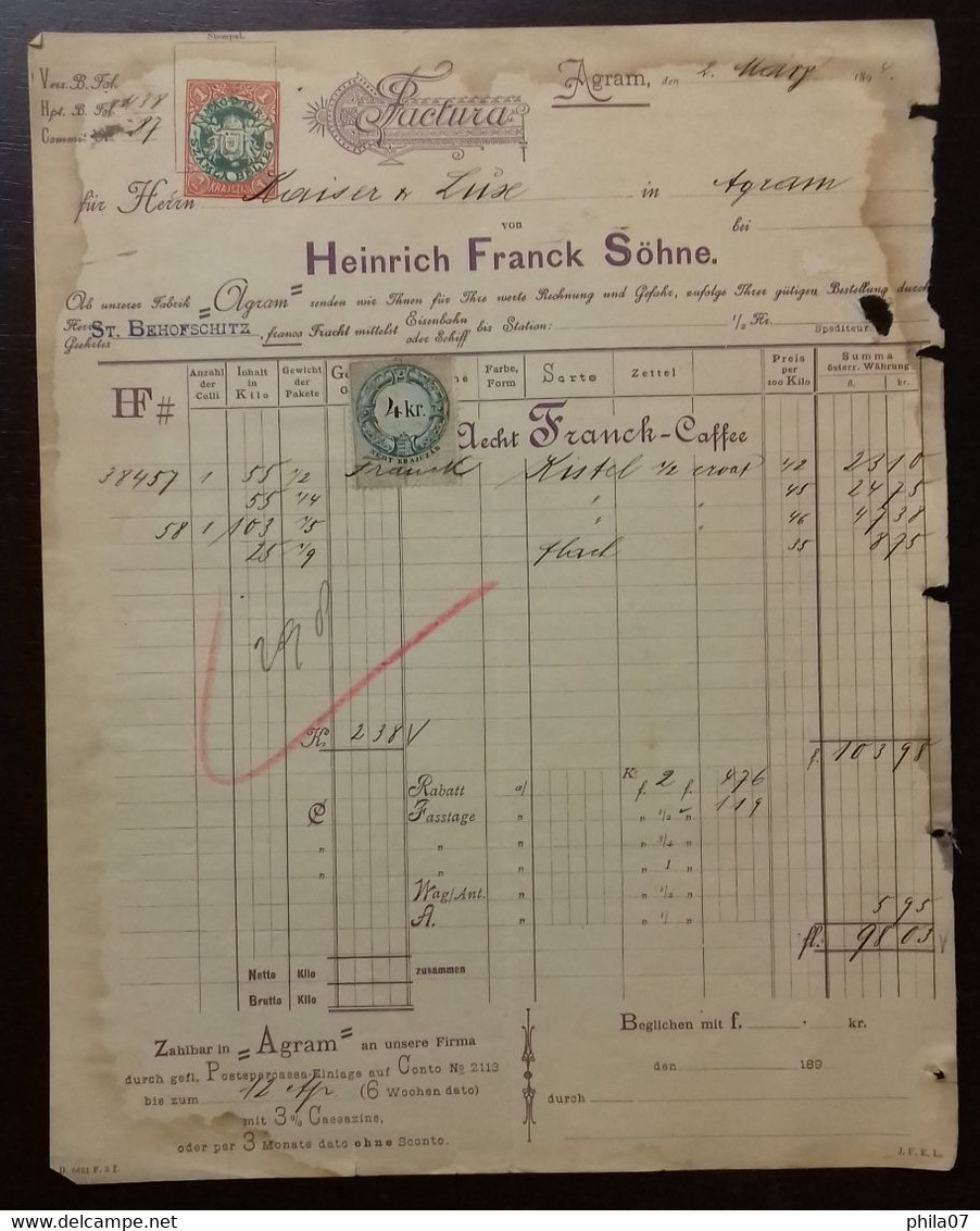 Coffe - Heinrich Franck Sohne, Factura, Agram 1894. Begleitbrief Zu Aecht Franck-Caffe. - Sonstige & Ohne Zuordnung