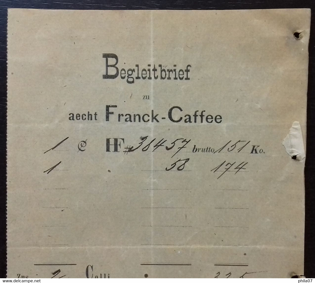 Coffe - Heinrich Franck Sohne, Factura, Agram 1894. Begleitbrief zu aecht Franck-Caffe.