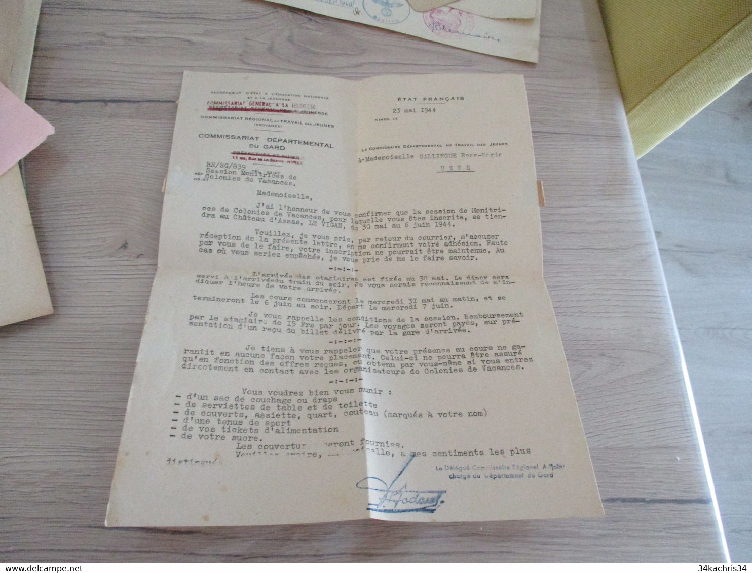 Etat Français Régime De Vichy Nîmes 23/05/1944 Session De Monitrice De Colonies De Vacances - Documents