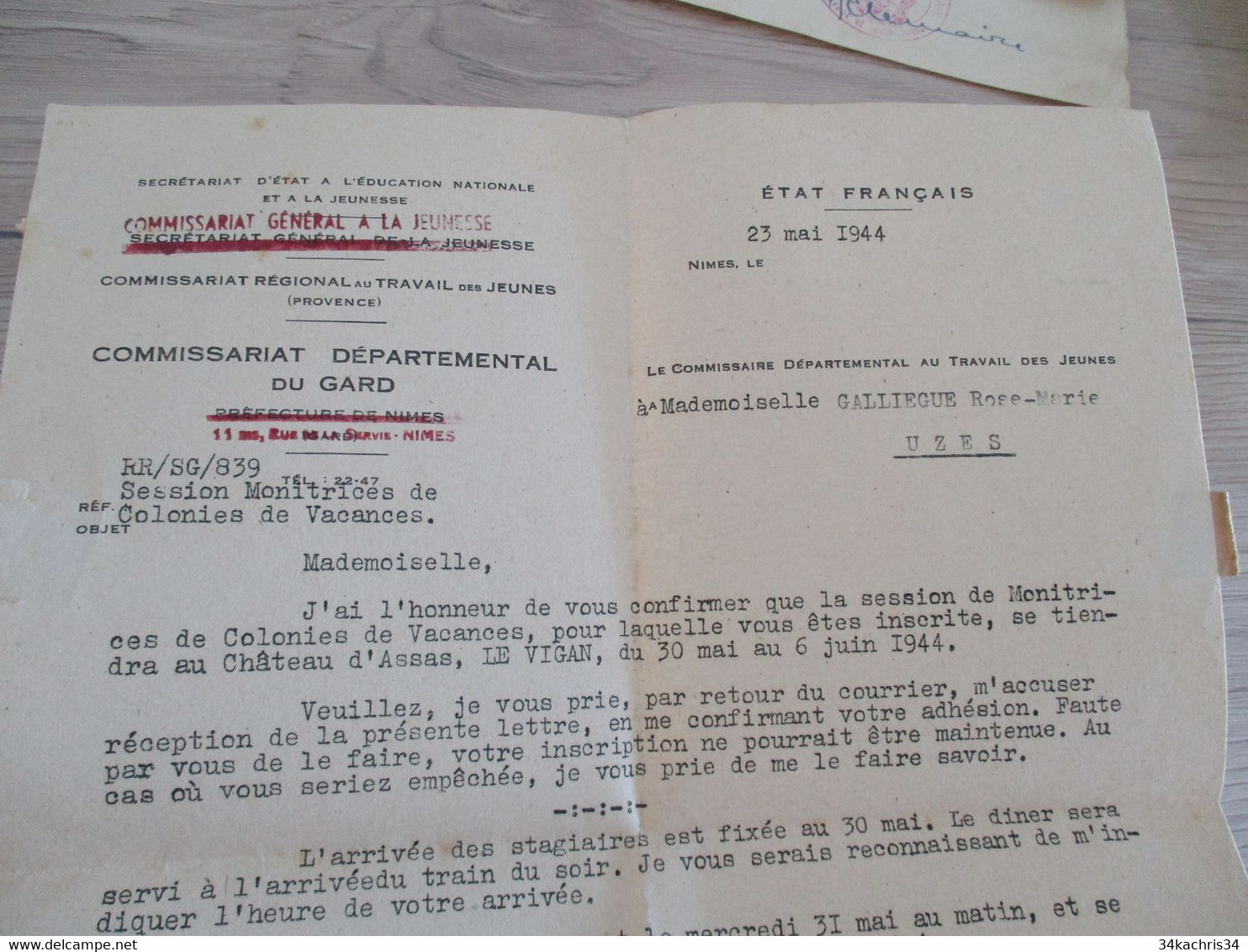 Etat Français Régime De Vichy Nîmes 23/05/1944 Session De Monitrice De Colonies De Vacances - Dokumente