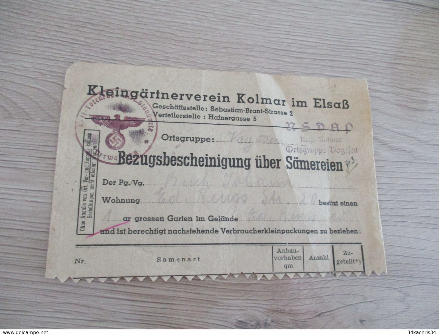Bezugsbescheinigung über Sämereien Certificat D'achat De Graines Kolmar Colmar  Guerre 39/45 - Documents