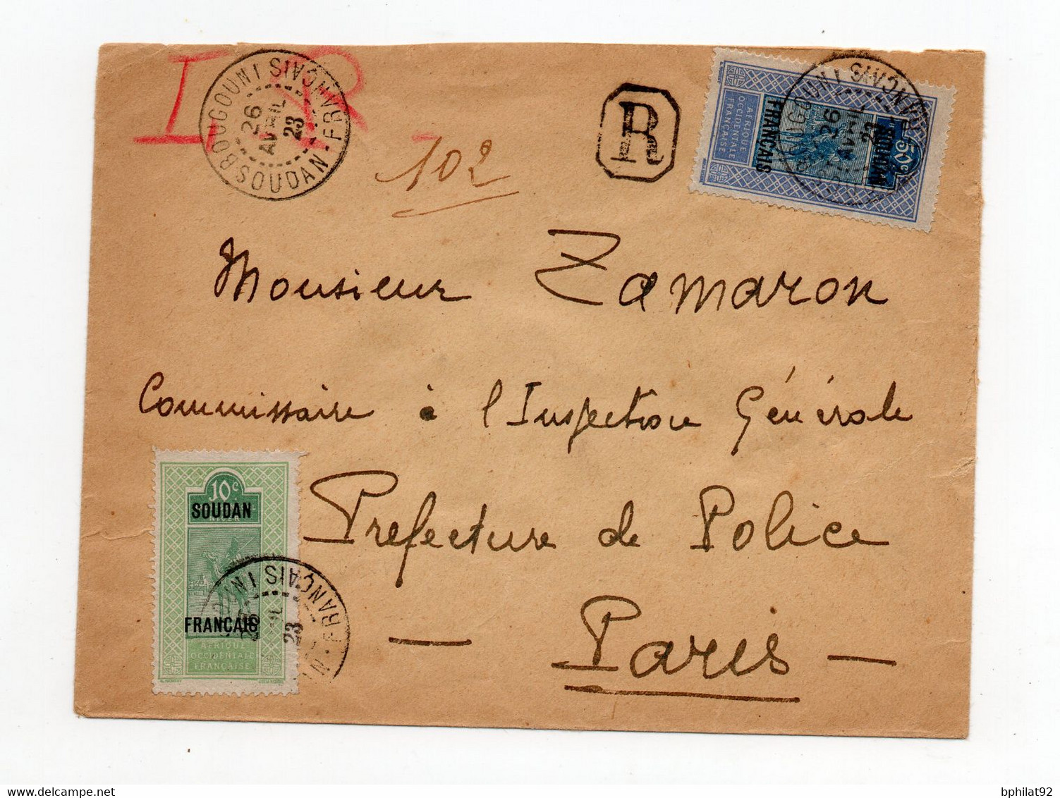!!! SOUDAN, LETTRE RECOMMANDEE DE BOUGOUNI DE 1923 POUR PARIS - Brieven En Documenten