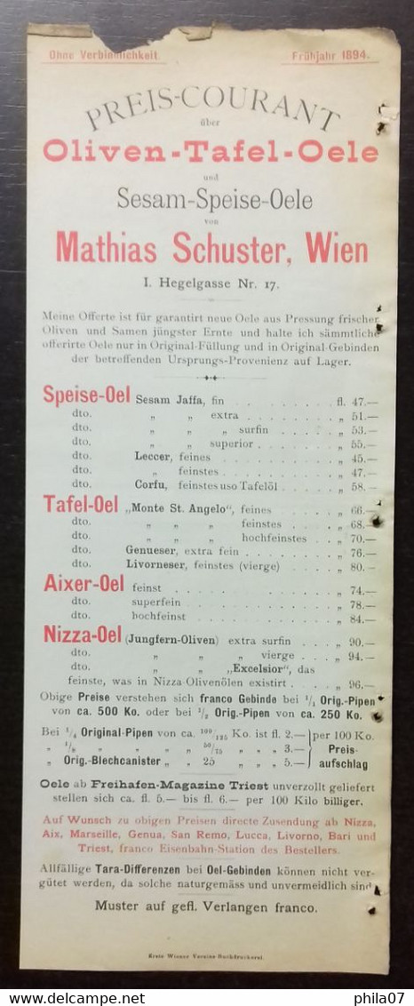 Olive Table Oils - Preis-Courant Uber Oliven-Tafel-Oele Und Sesam-Speise-Oele Mathias Schuster, Wien 1894. - Autres & Non Classés